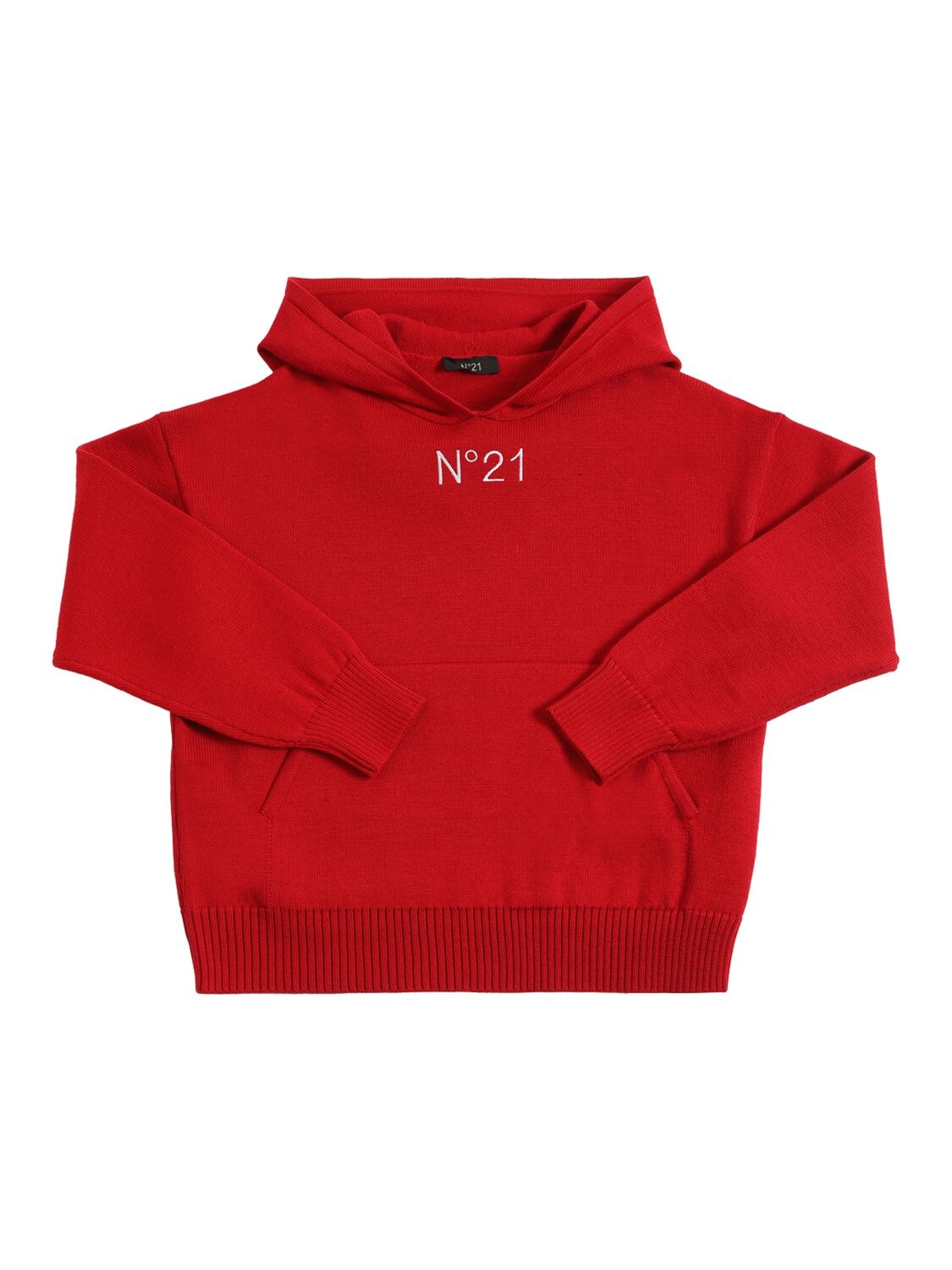 Shop N°21 Wool Blend Knit Hoodie W/back Overlay In Red,grey