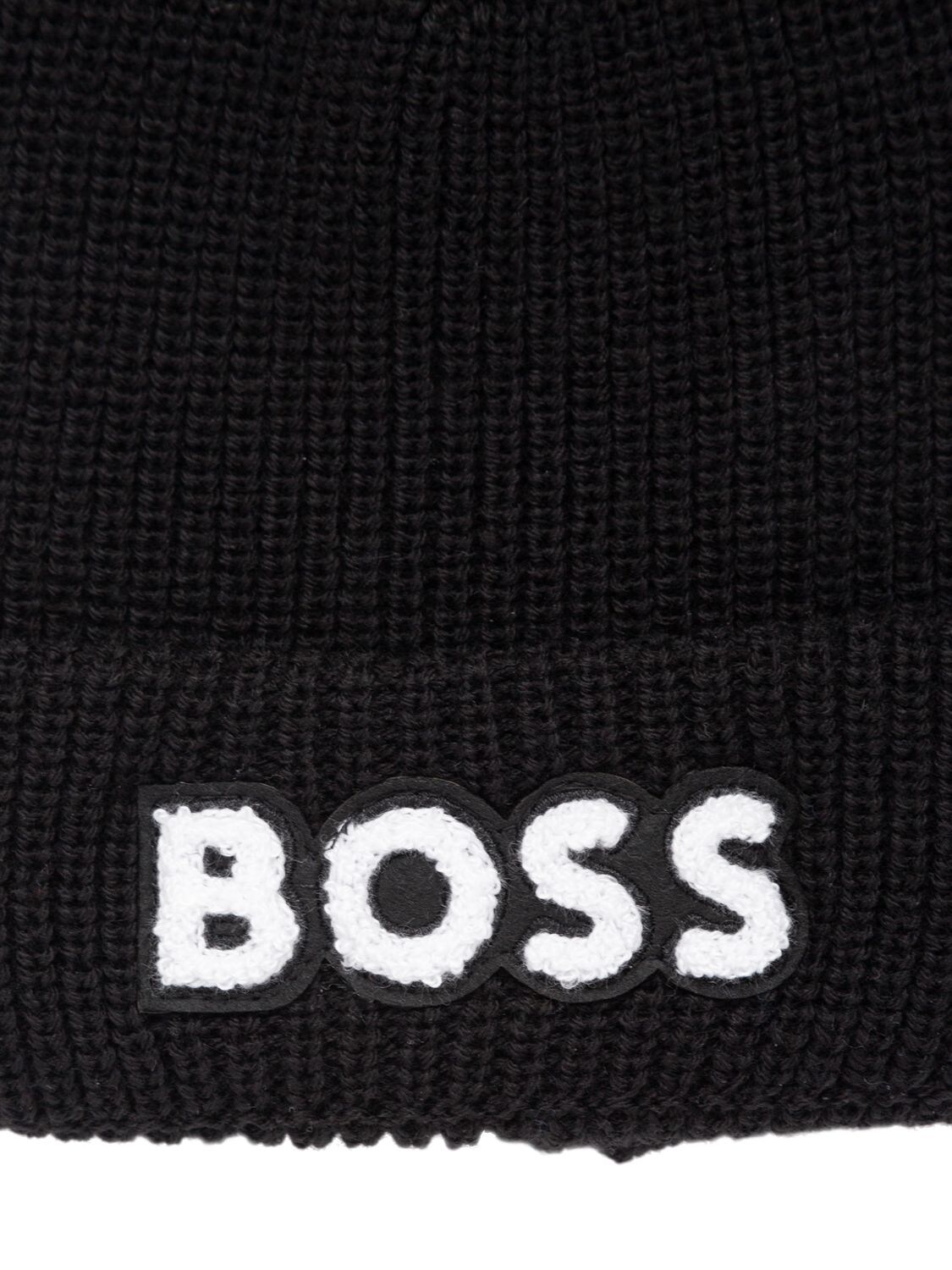 Shop Hugo Boss Logo Patch Knit Beanie Hat In Black