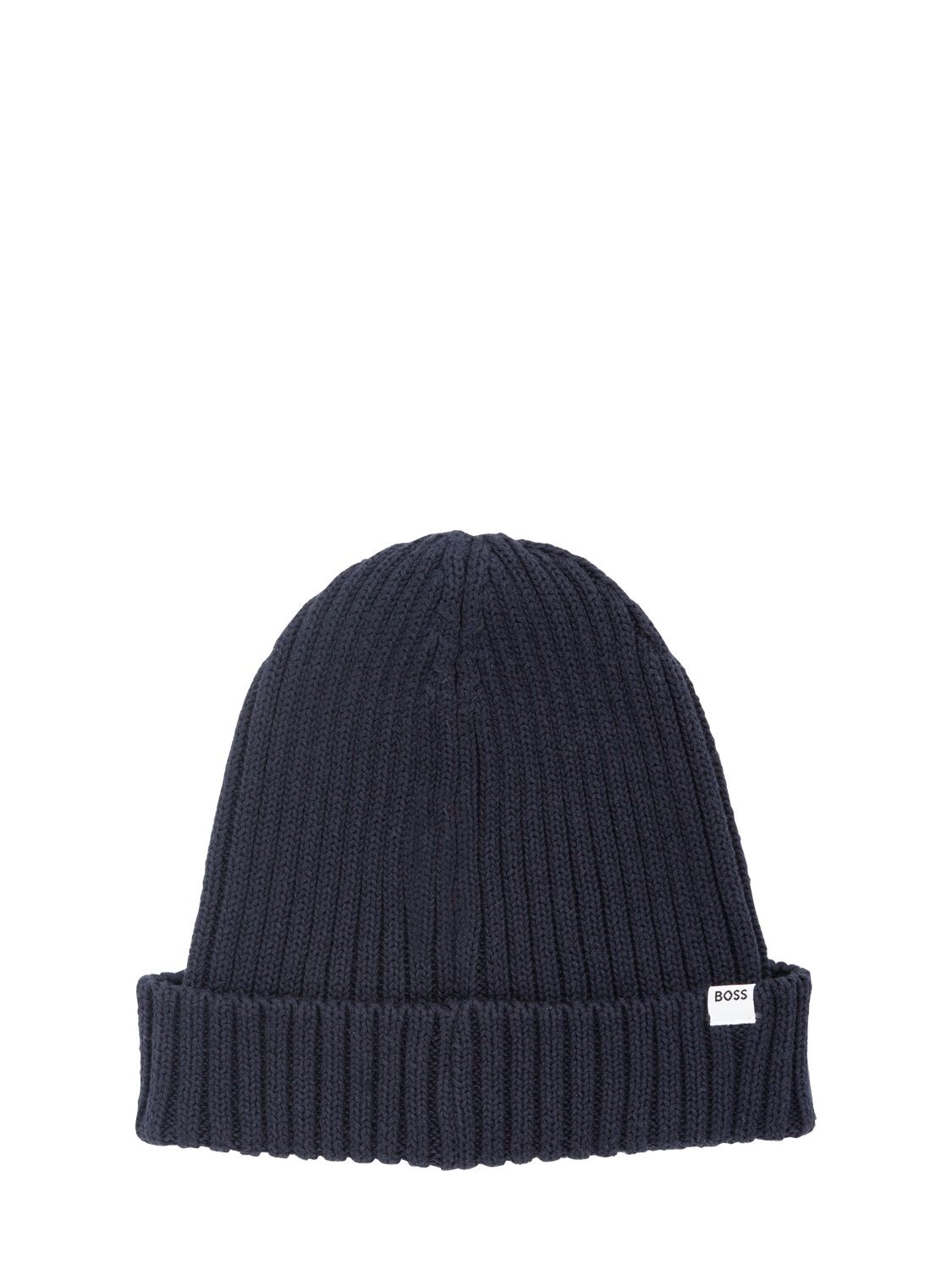 Shop Hugo Boss Embroidered Logo Cotton Knit Beanie In Navy