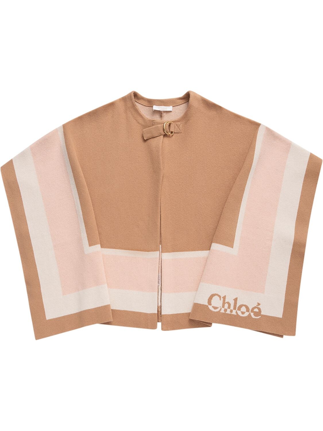 Chloé Cape In Cotton And Tricot Wool With Logo In Beige,multi