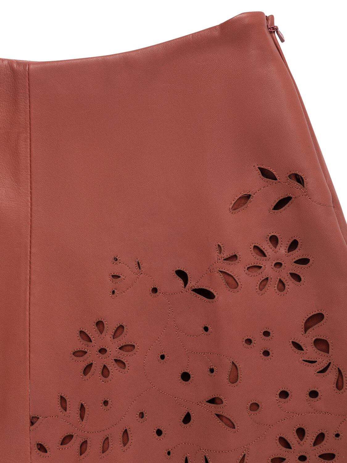 Shop Chloé Embroidered Leather Skirt In Brown