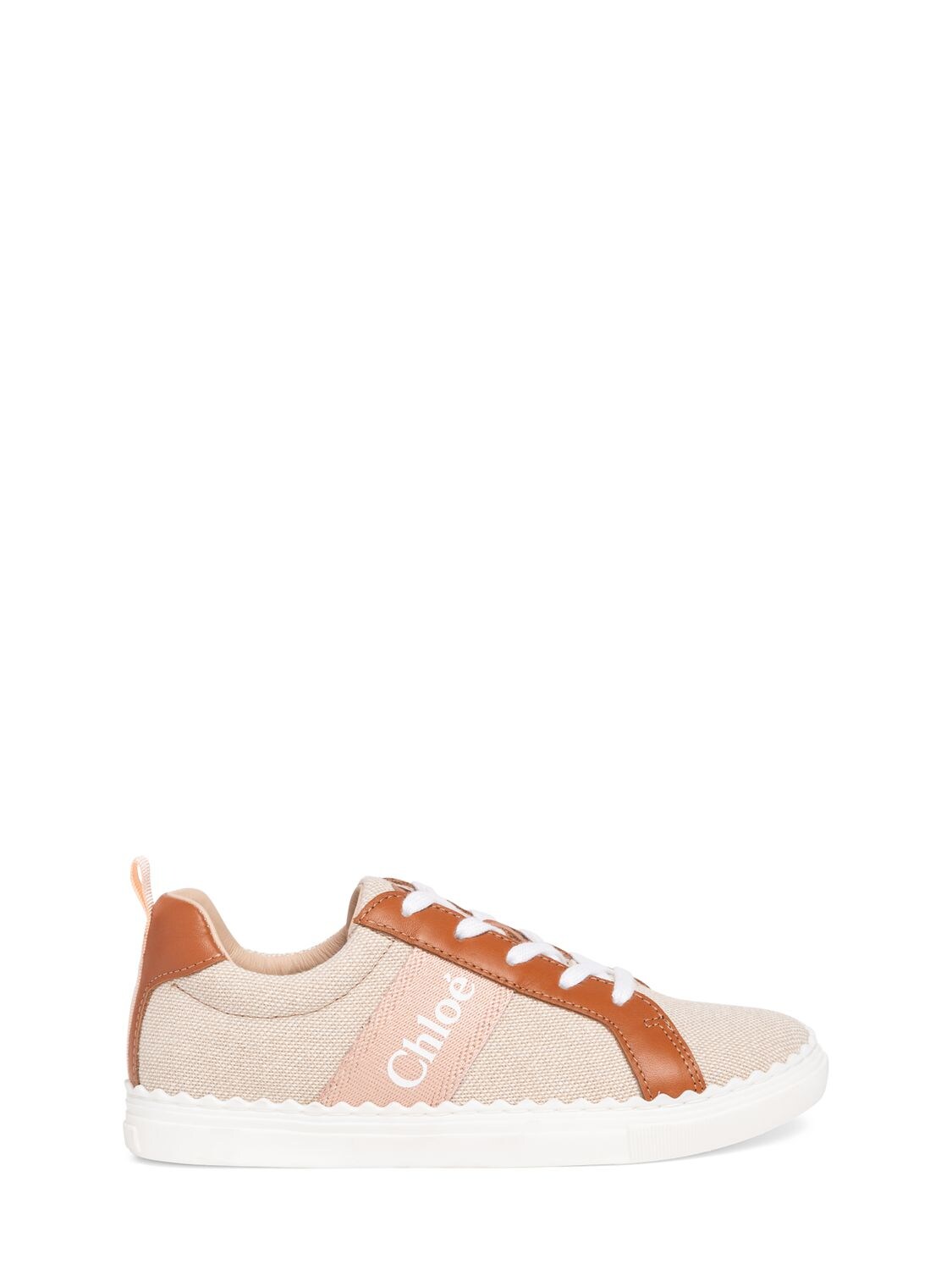 Chloé Kids' Leather & Cotton Lace-up Sneakers In Neutral