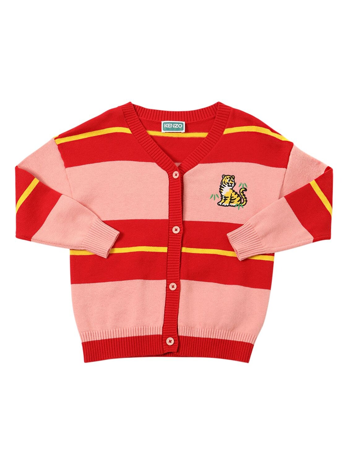 Shop Kenzo Striped Knit Cardigan W/logo Patch In Red,pink