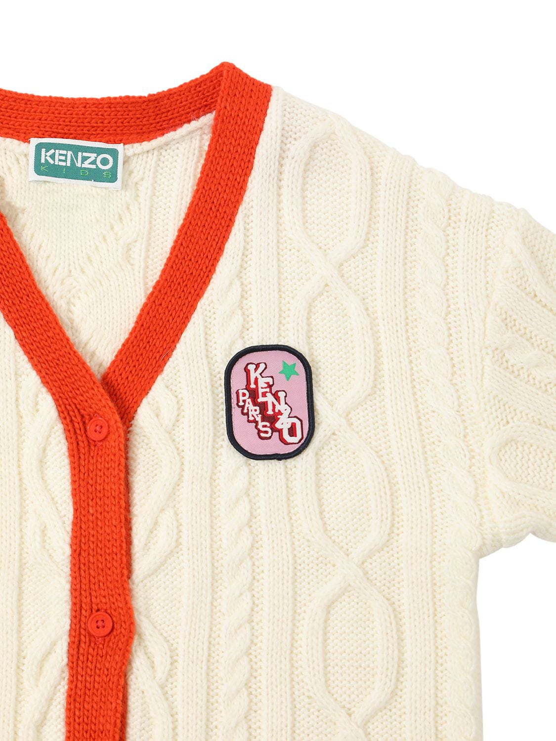 Shop Kenzo Cable Knit Cardigan W/logo Patch In White,red