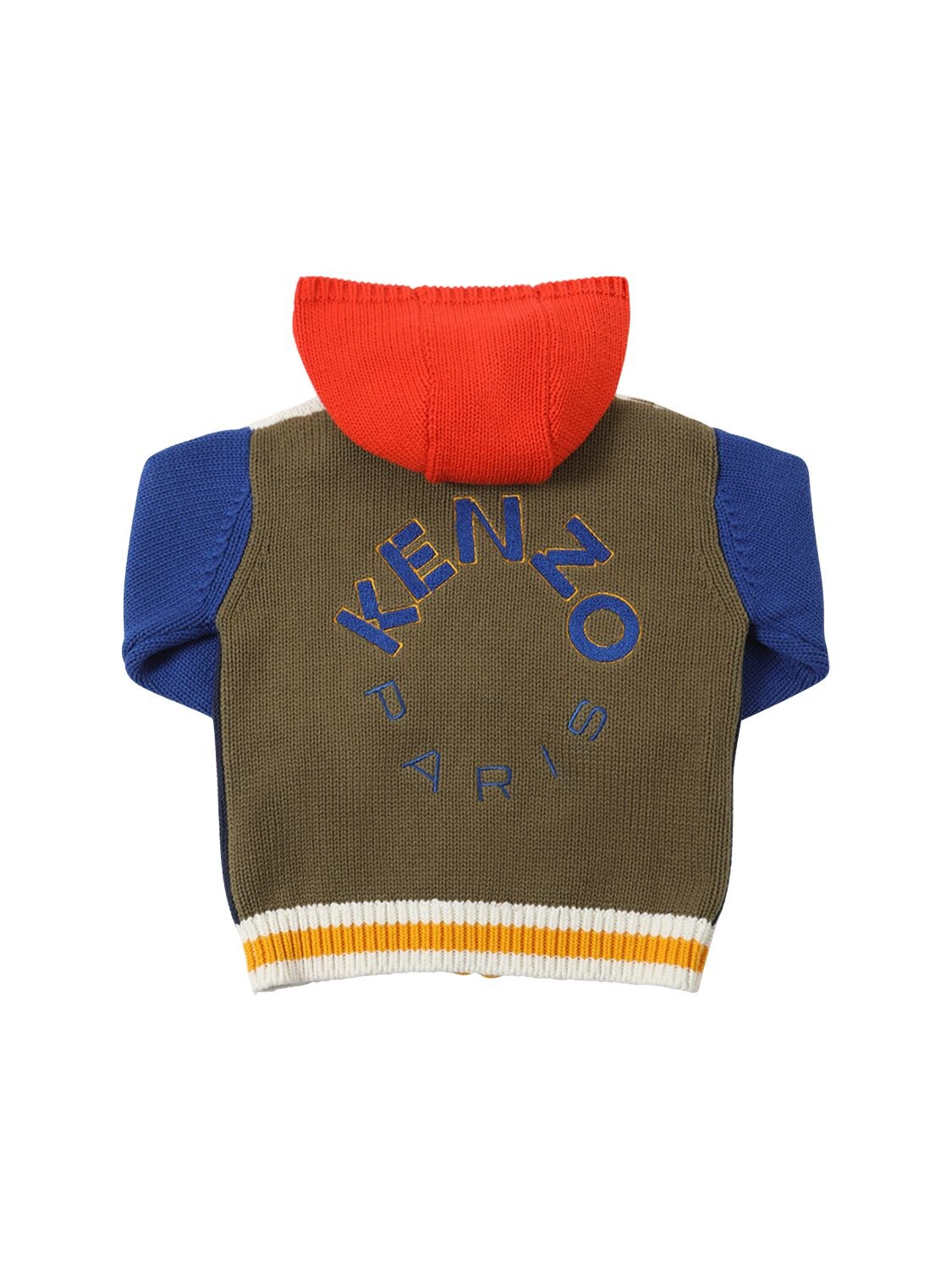 Shop Kenzo Cotton & Wool Knit Cardigan W/hood In Blue