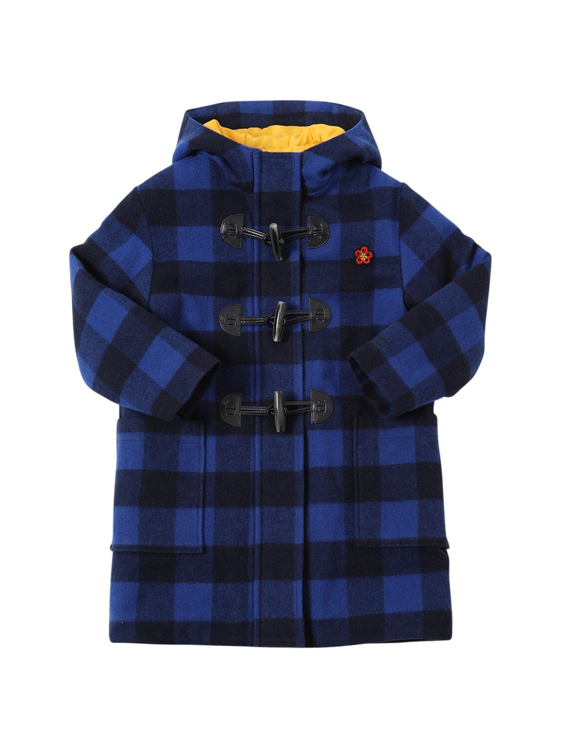 Kenzo Kids' Montgomery Checked Wool Blend Coat In Blue,black