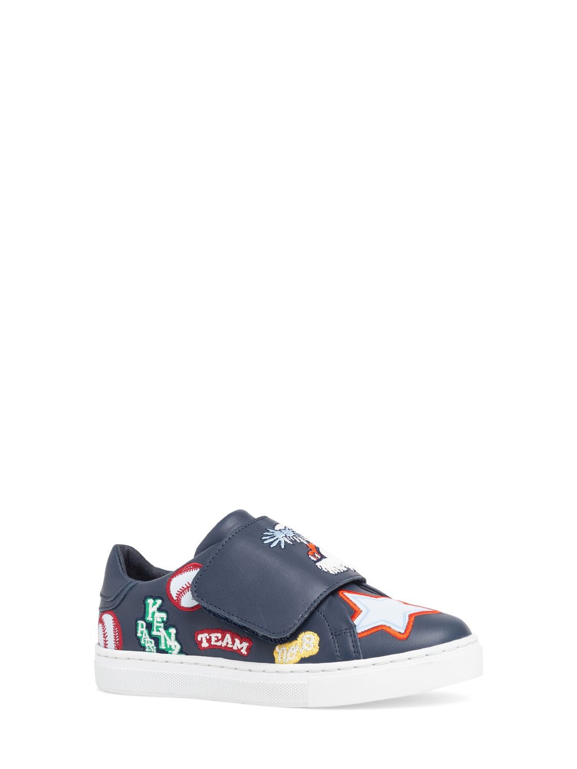 Shop Kenzo Logo Printed Leather Sneakers W/ Straps In Navy