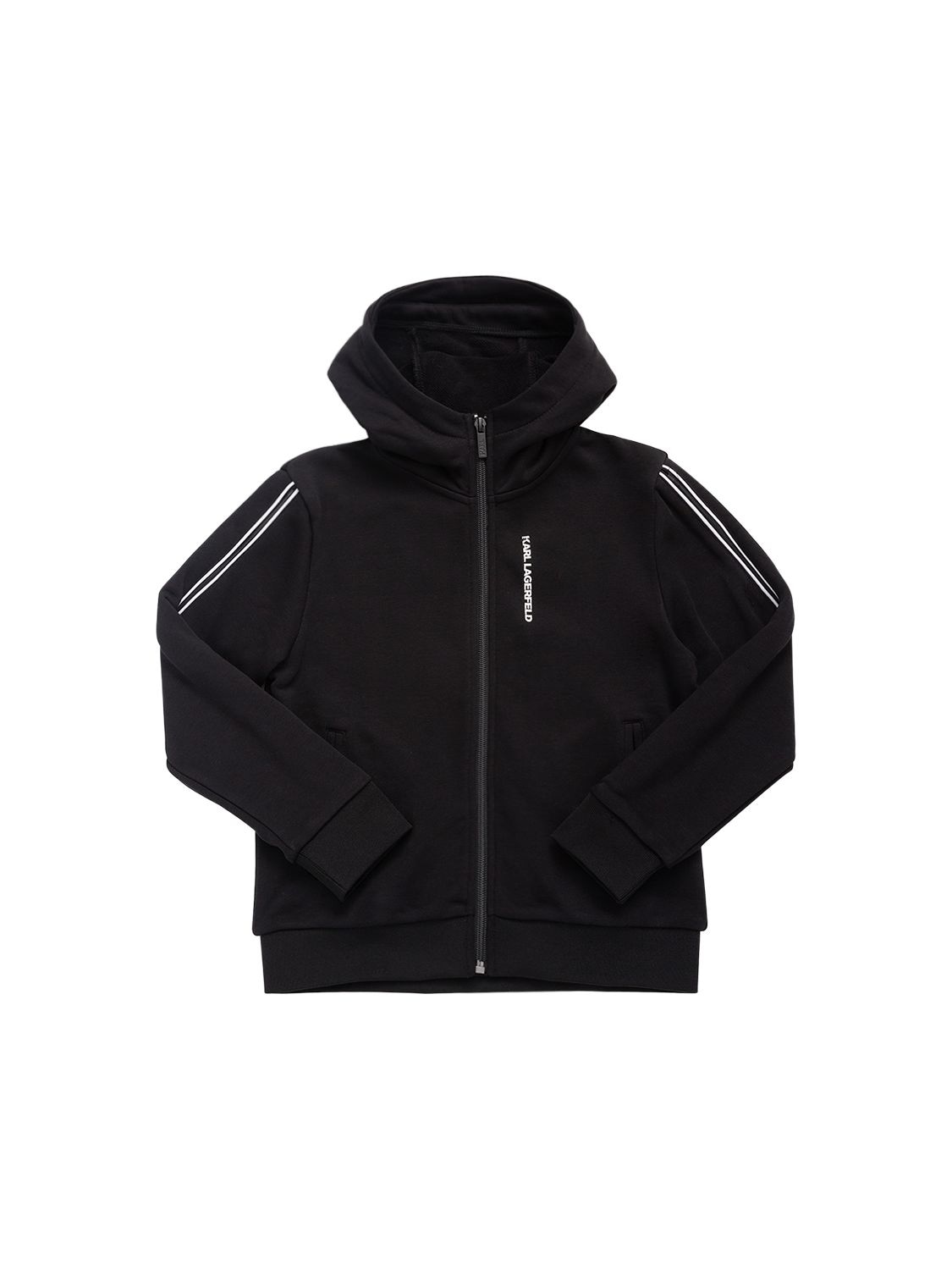 Karl Lagerfeld Kids' Cotton Blend Zip-up Hoodie W/logo In Black