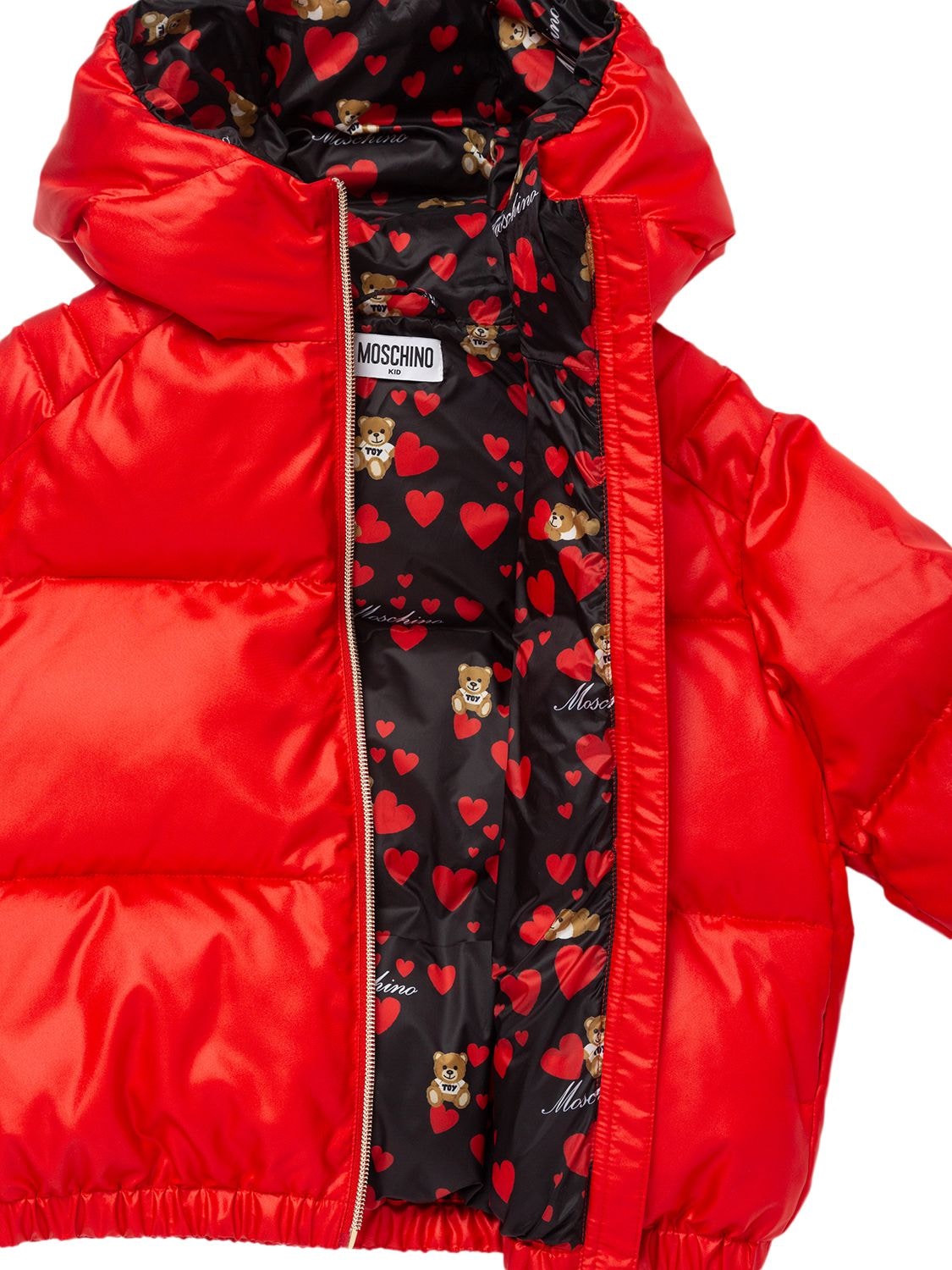 Shop Moschino Embroidered Logo Nylon Puffer Jacket In Red