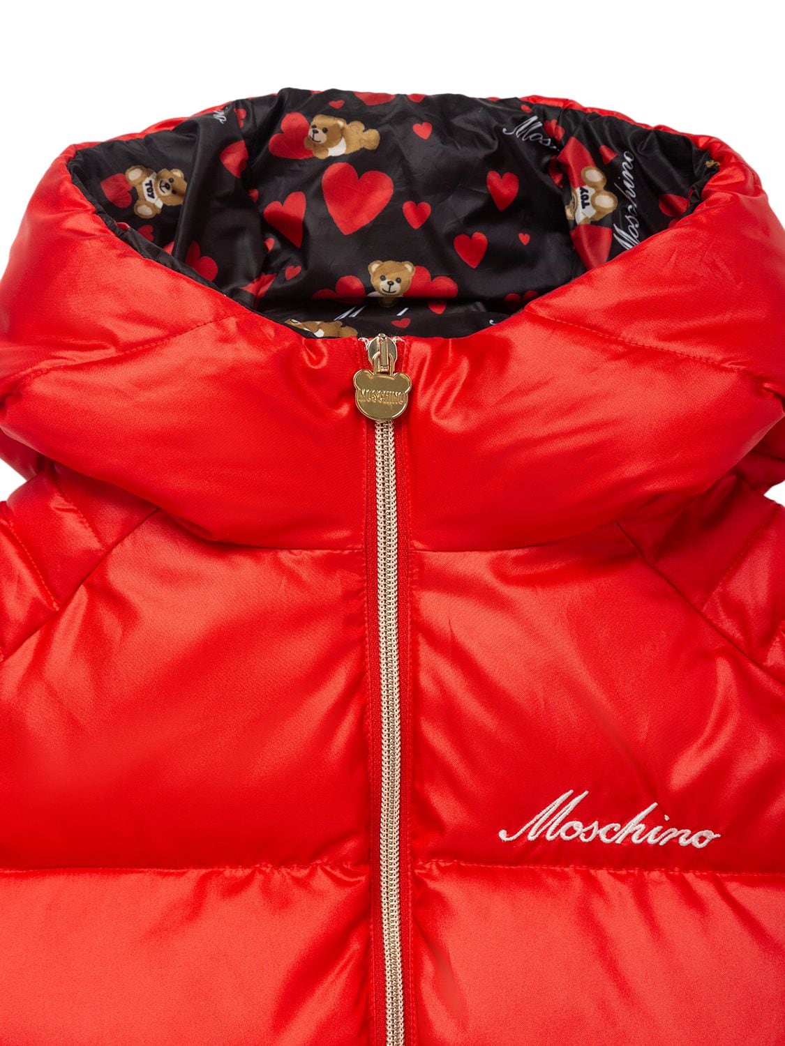 Shop Moschino Embroidered Logo Nylon Puffer Jacket In Red