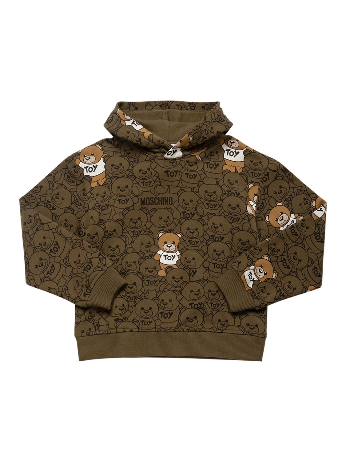Moschino Kids' All Over Print Cotton Hoodie In Military Green