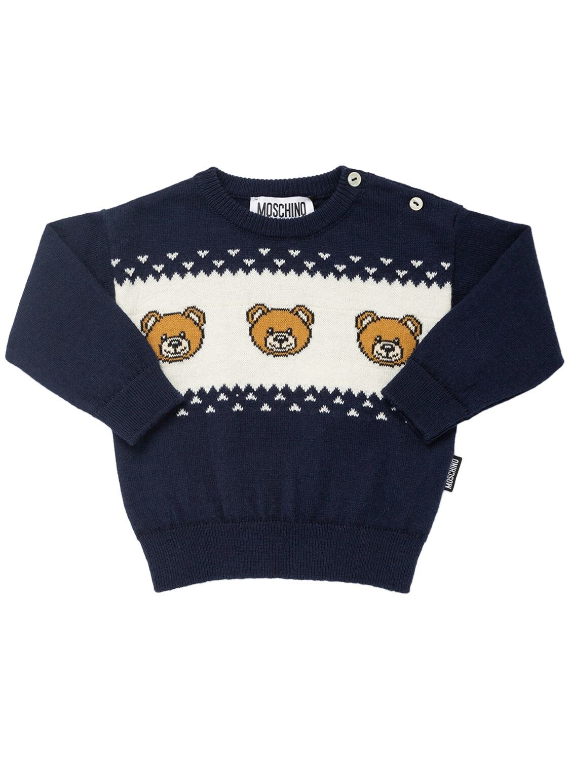 Moschino Kids' Wool & Cotton Jacquard Knit Sweater In Navy