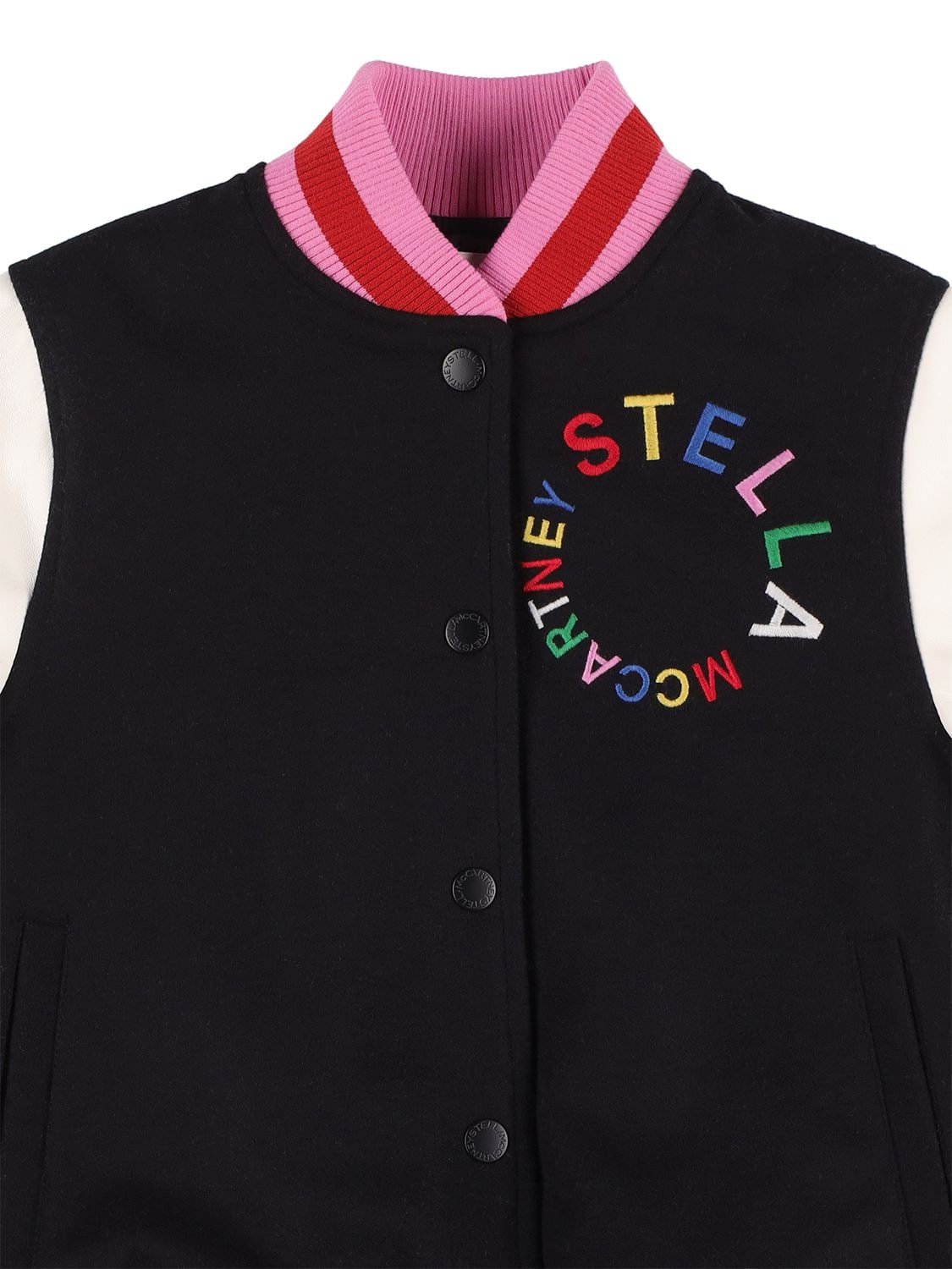 Shop Stella Mccartney Wool & Faux Leather Bomber Jacket In Black,pink