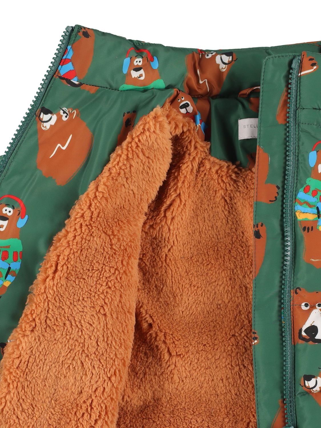 Shop Stella Mccartney Bear Print Recycled Puffer Jacket In Green,brown