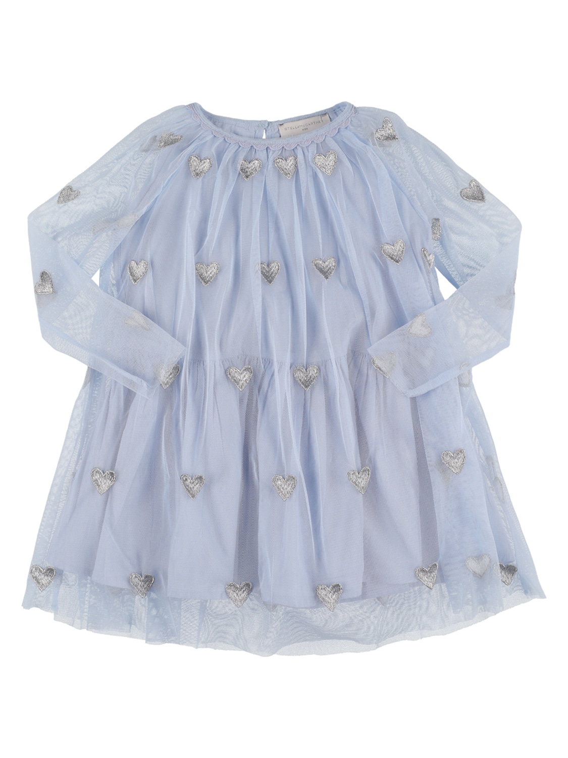 Stella Mccartney Kids' Recycled Poly Tulle Dress W/ Patches In Light Blue