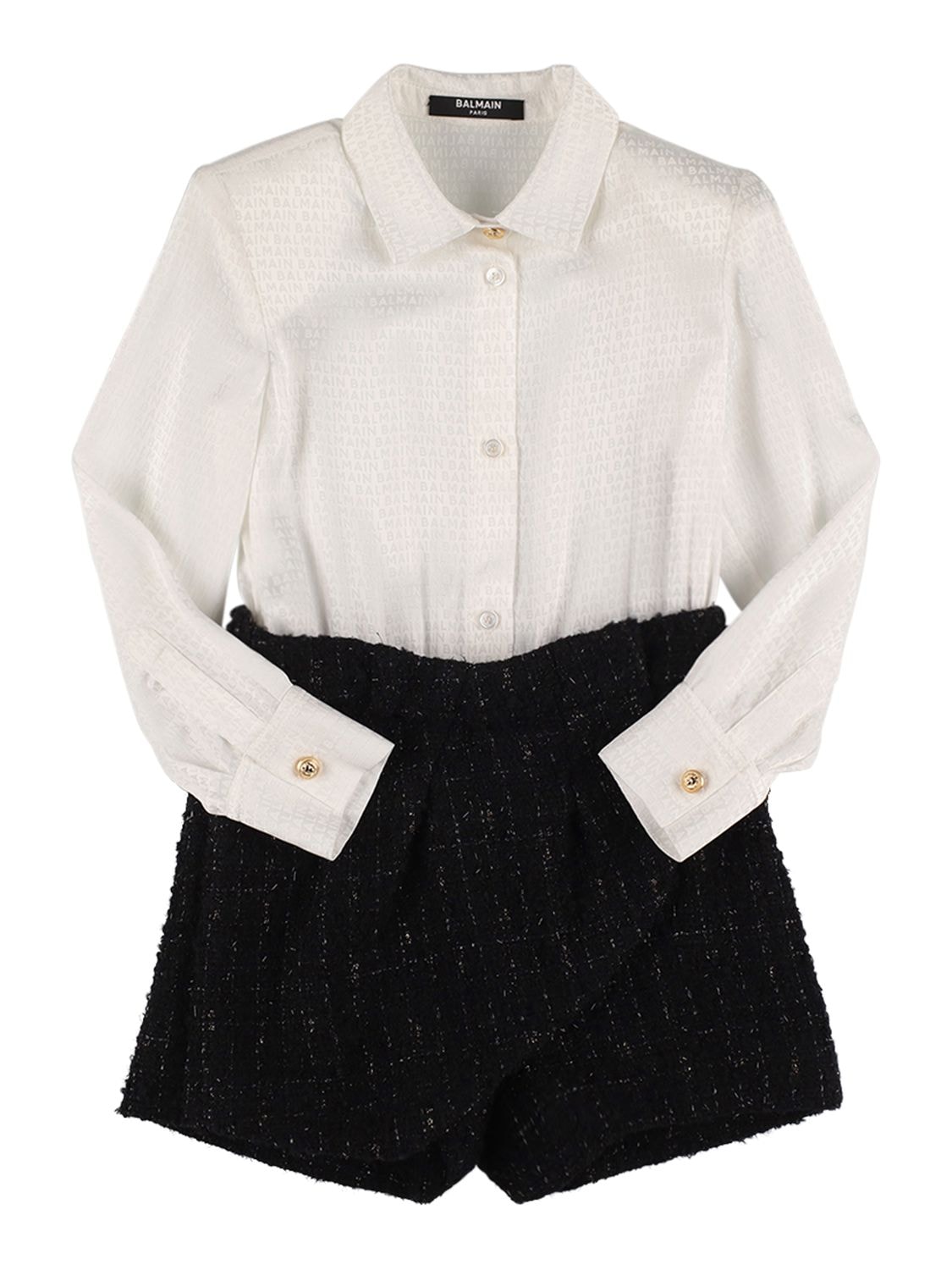 Balmain Kids' Wool & Cotton Tweed Playsuit In White,black