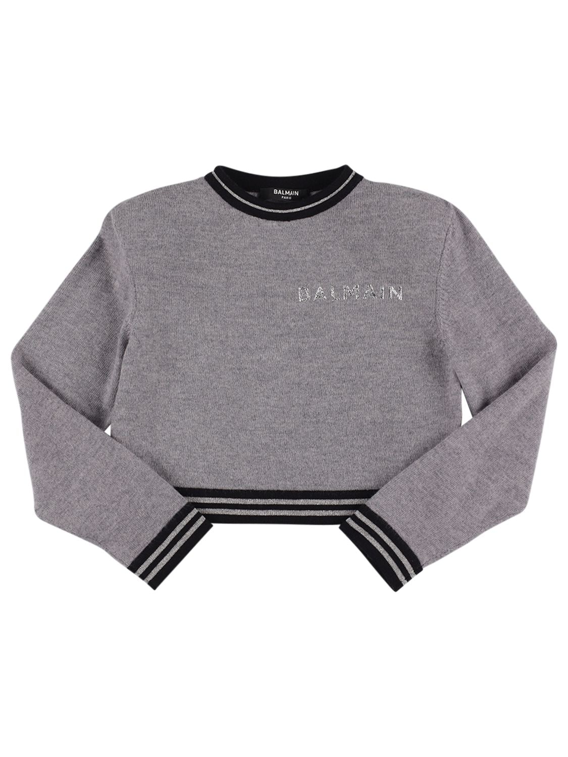 Balmain Kids' Logo Wool Knit Sweater In Grey