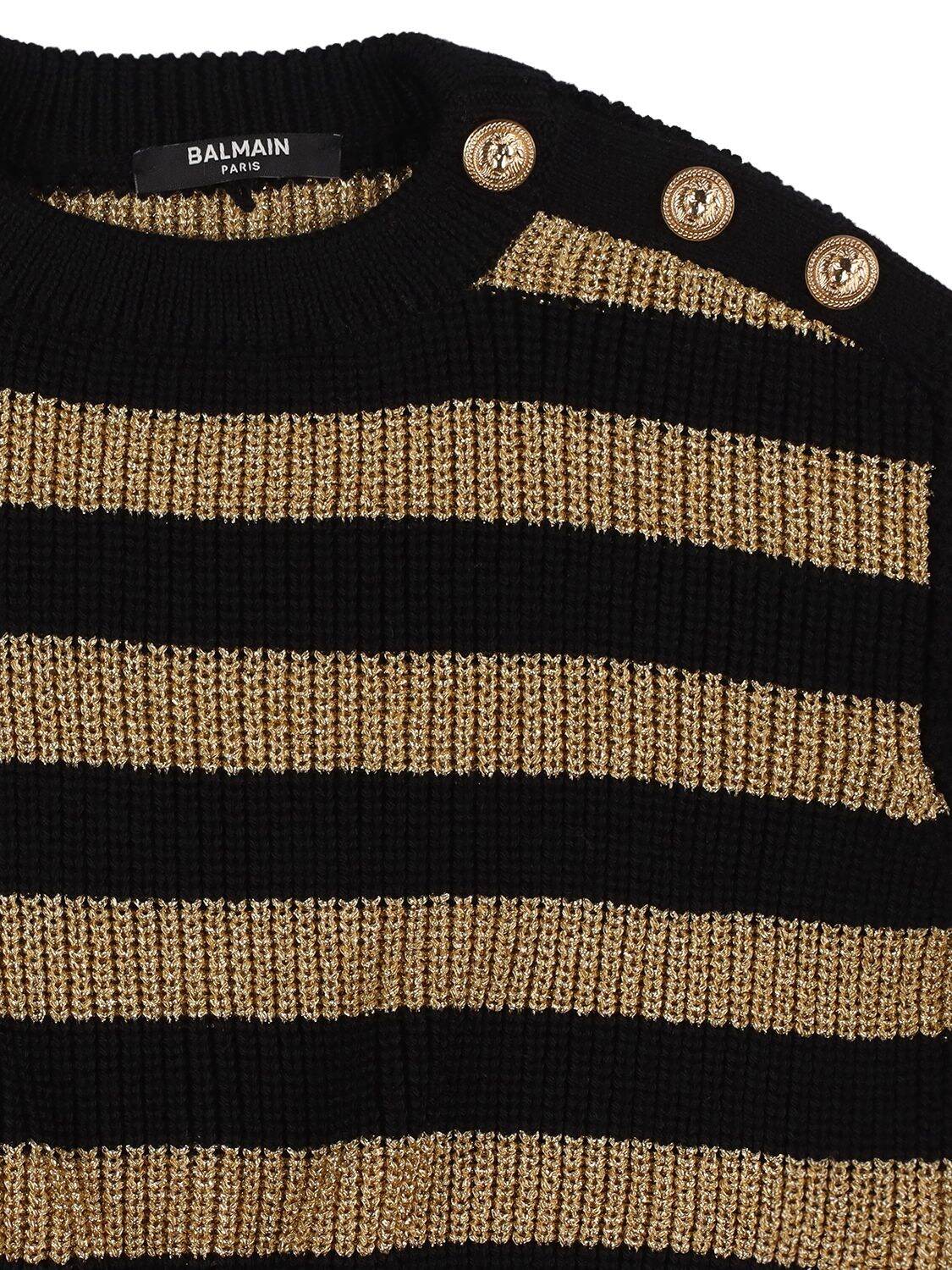 Shop Balmain Striped Wool Knit Sweater In Black,gold
