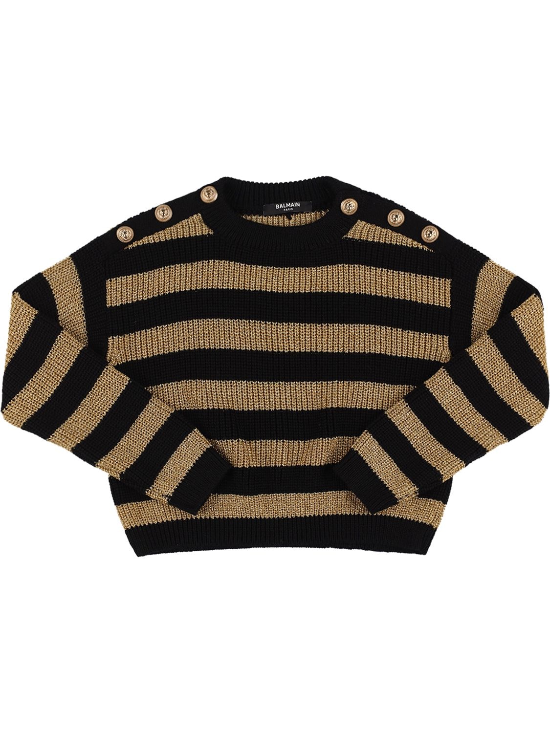 Balmain Kids' Striped Wool Knit Sweater In Black,gold