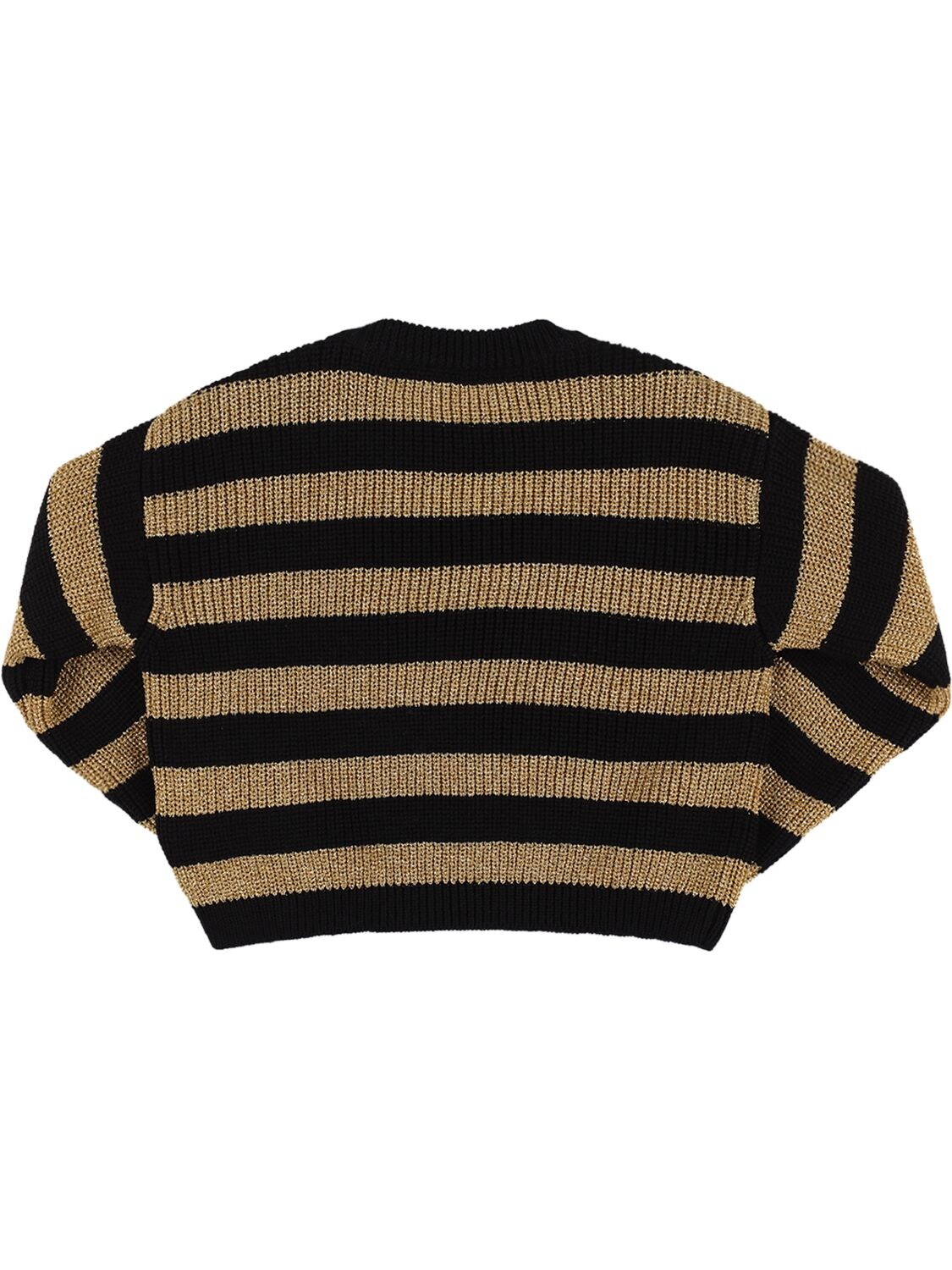 Shop Balmain Striped Wool Knit Sweater In Black,gold