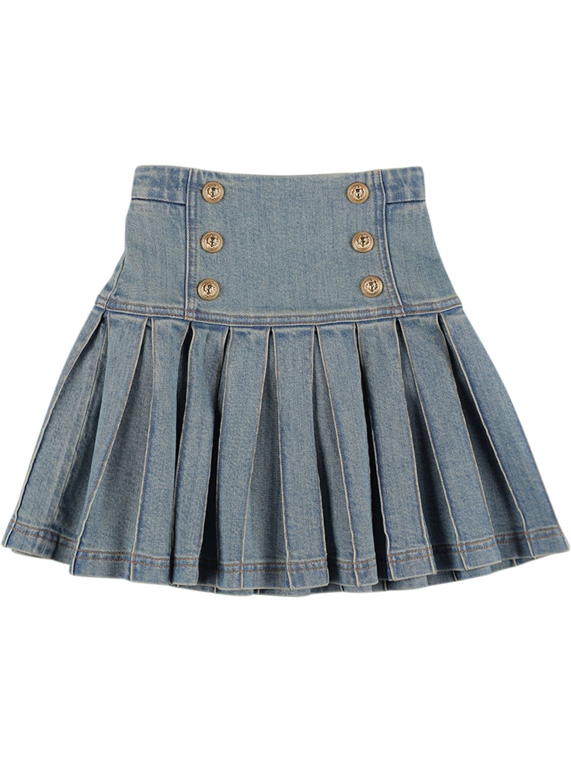 Balmain Kids' Cotton Denim Pleated Skirt In Multi