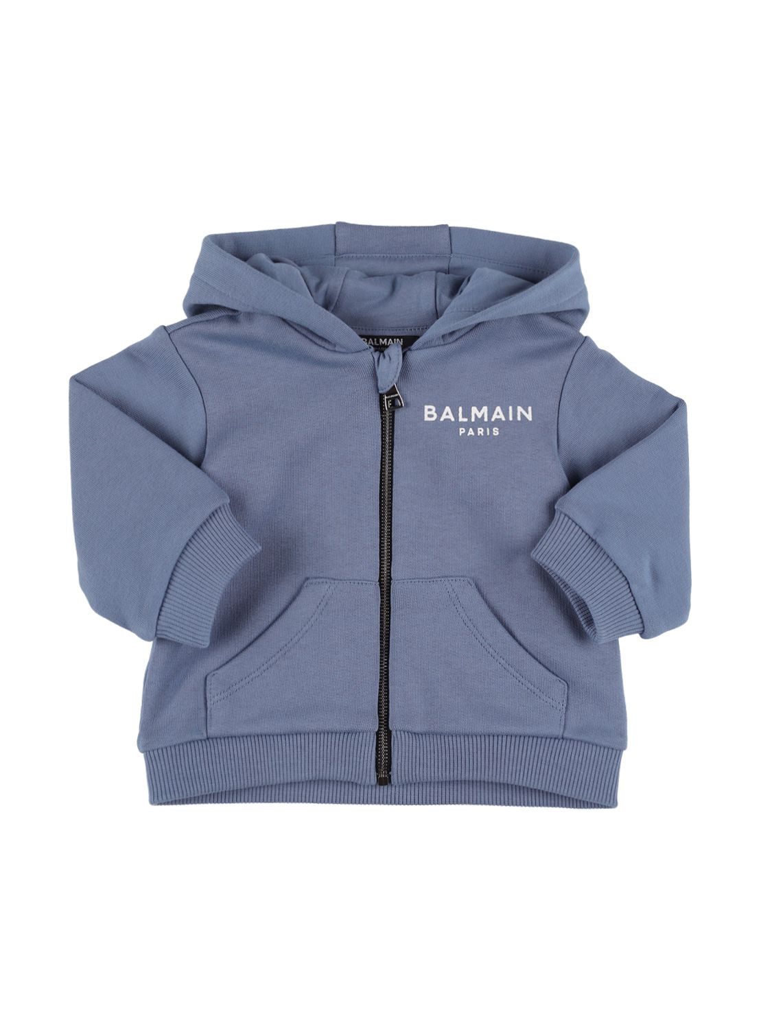 Balmain Kids' Organic Cotton Zip-up Hoodie W/logo In Light Blue