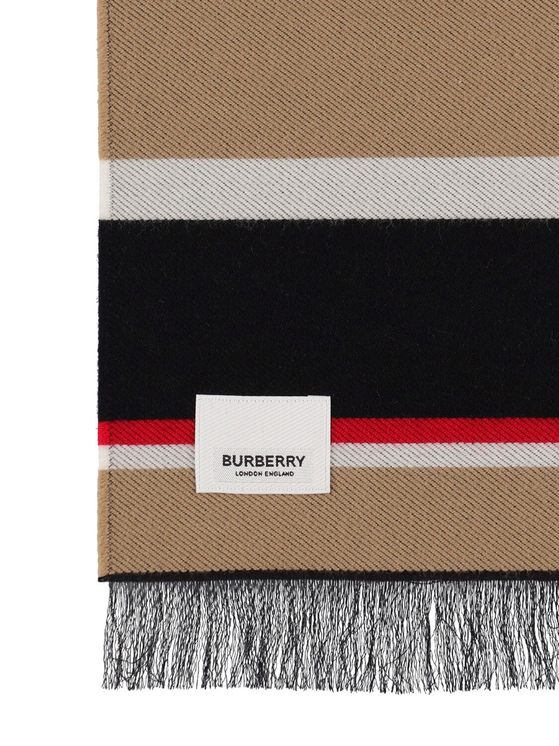 Shop Burberry Striped Wool & Cotton Scarf W/logo In Beige,brown