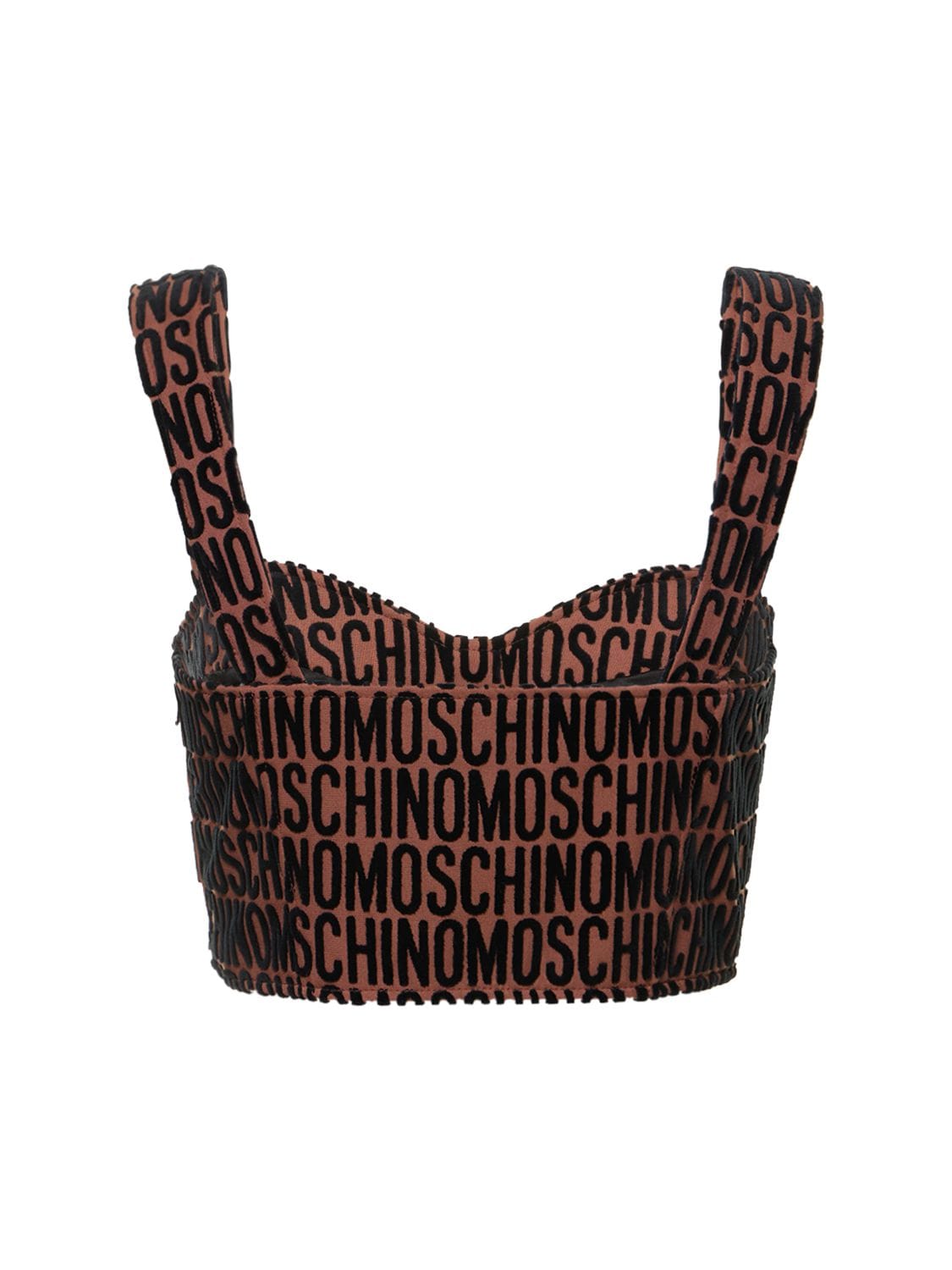 Shop Moschino Logo Velvet Corset Crop Top In Brown,black