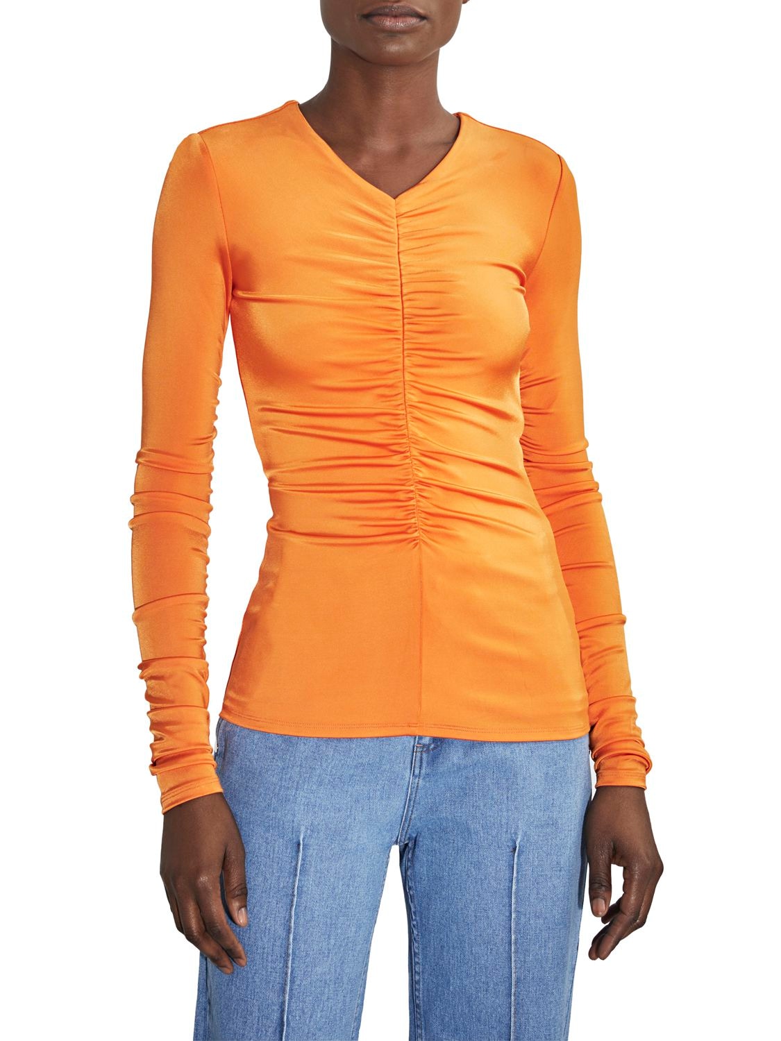 Shop Et Ochs Ruched Viscose Jersey Long Sleeve Top In Orange