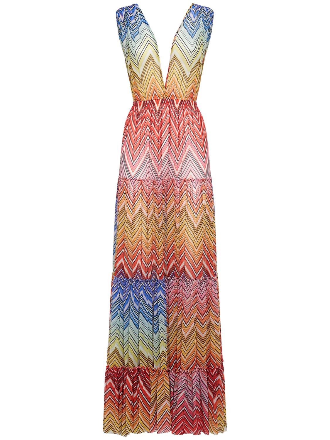 Missoni Chevron Print Tulle Long Tiered Dress In Multicolor