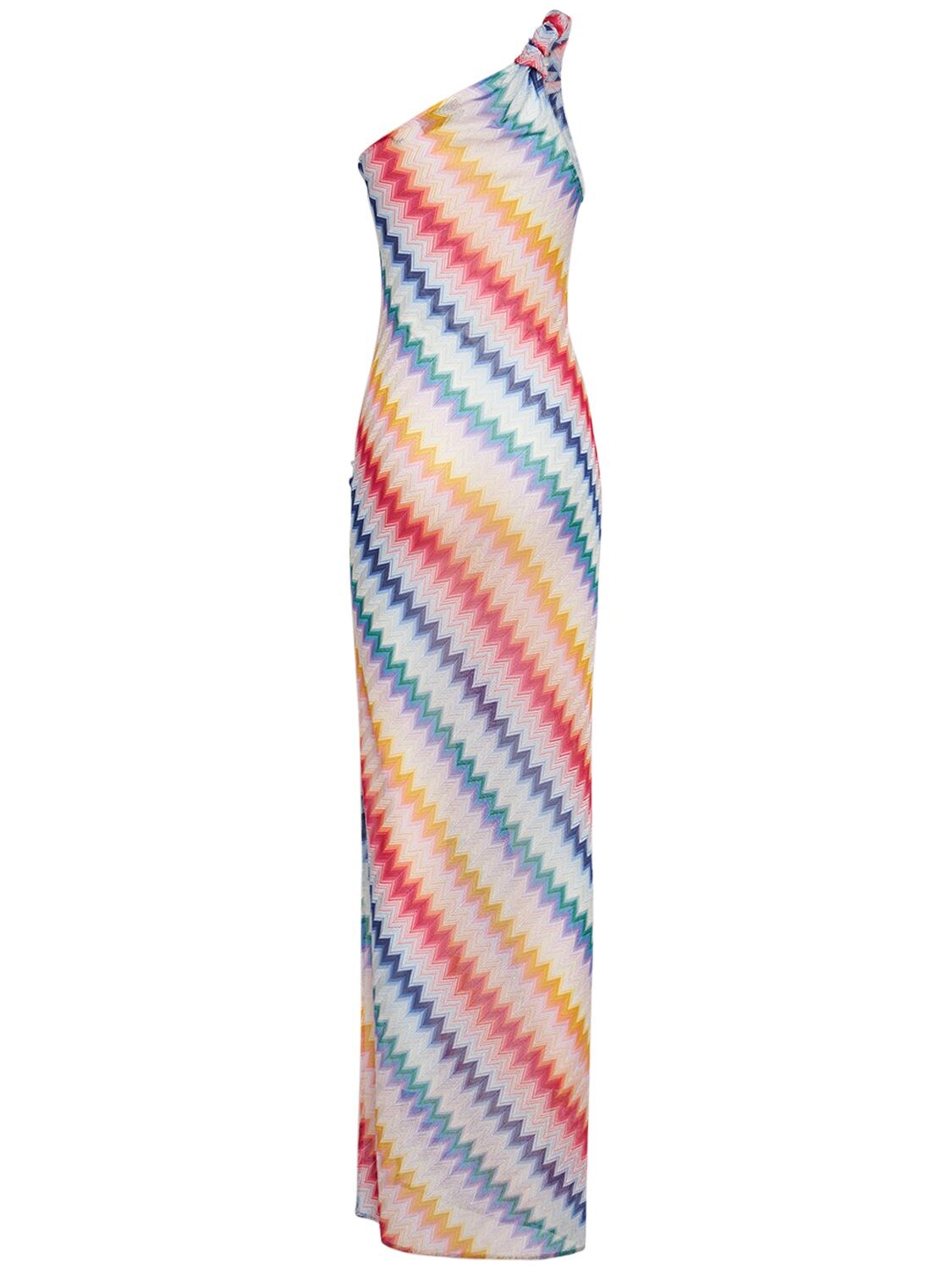 Shop Missoni Chevron Lurex One-shoulder Long Dress In Multicolor