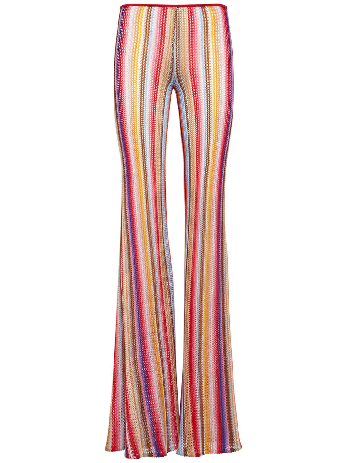 Shop Missoni Striped Knit Low Rise Flared Pants In Multicolor