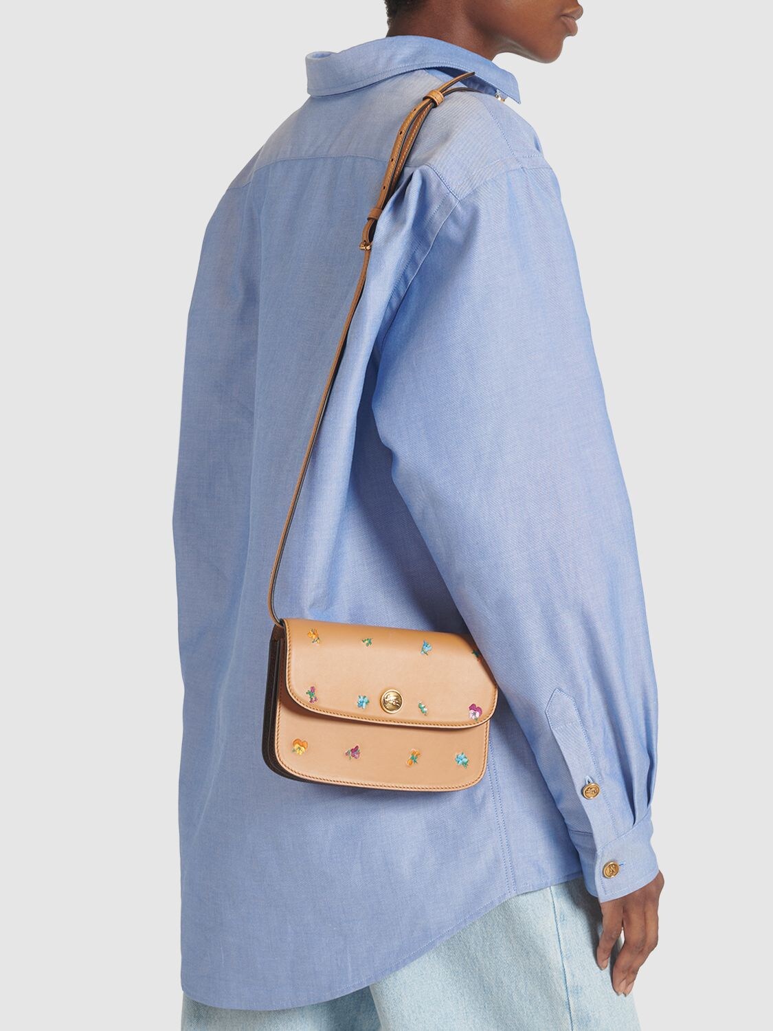 Shop Etro Embroidered Leather Shoulder Bag In Beige