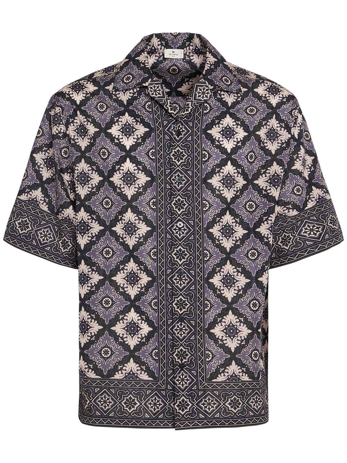 Etro Printed Cotton Short Sleeve Shirt In Blue