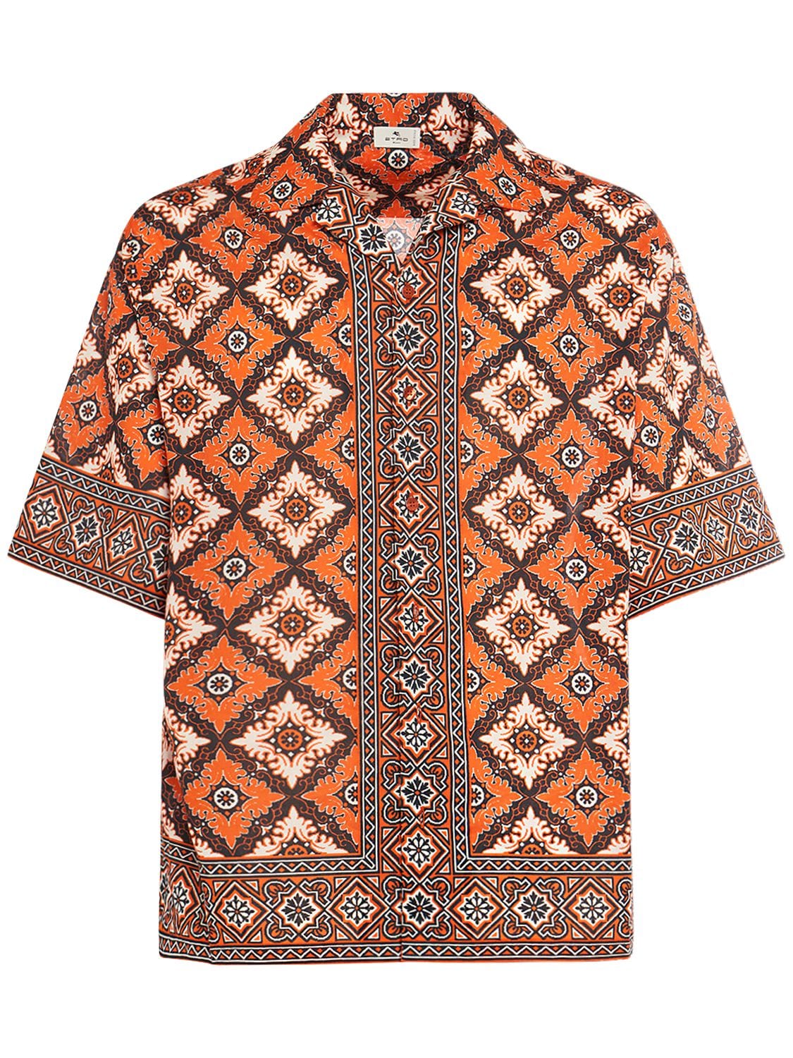 Shop Etro Printed Cotton Short Sleeve Shirt In Orange