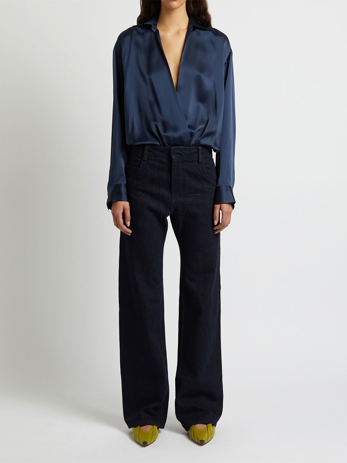 Shop Christopher Esber Silk Satin V-neck Bodysuit In Navy