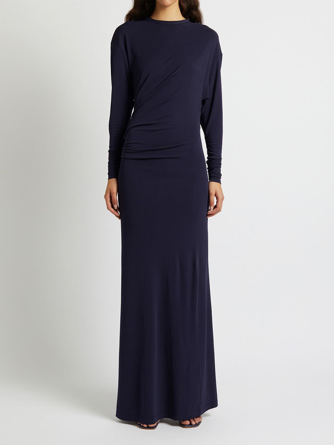 Shop Christopher Esber Viscose Draped Long Sleeve Maxi Dress In Navy