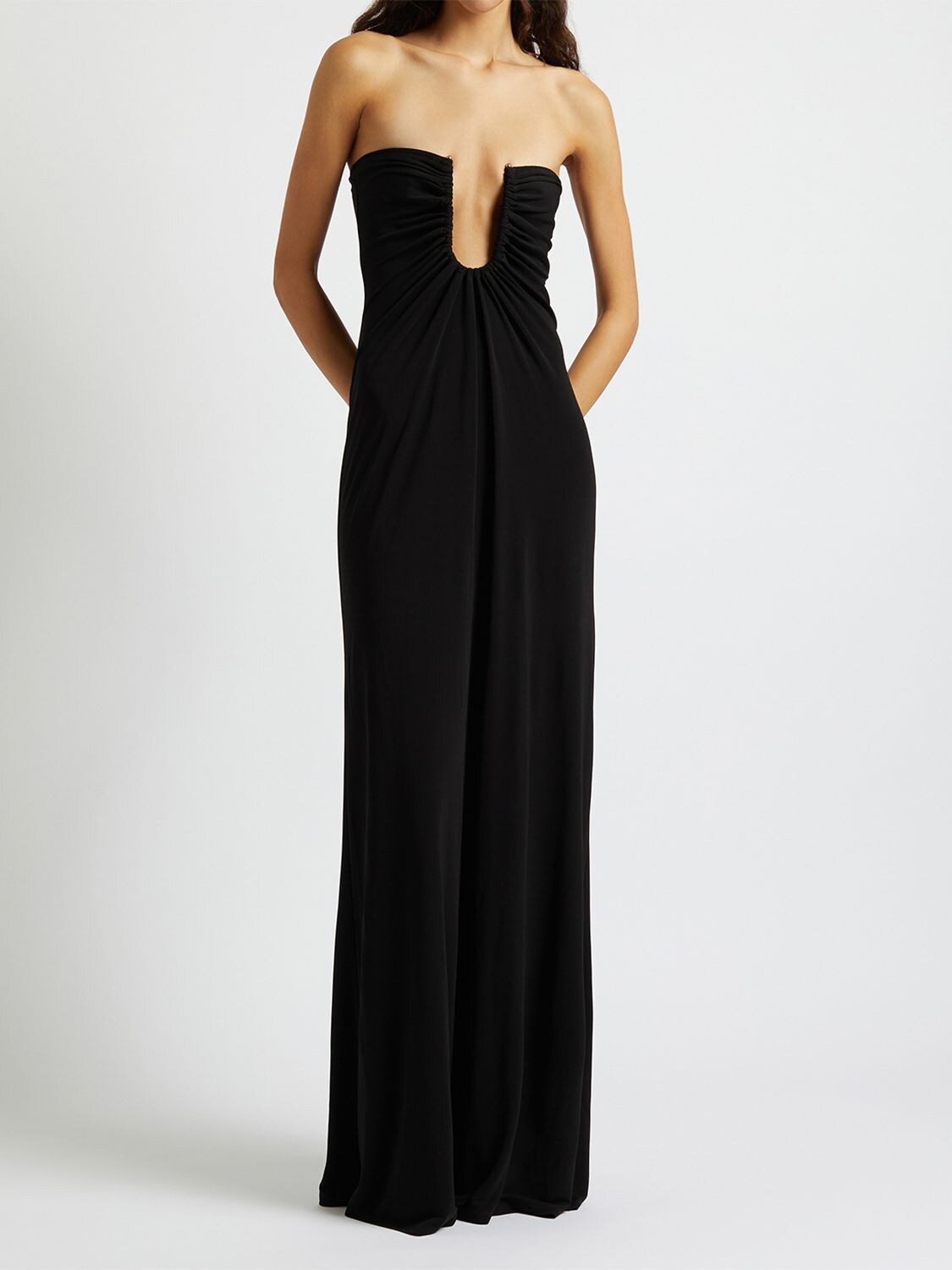 Shop Christopher Esber Arced Palm Viscose Strapless Long Dress In Black