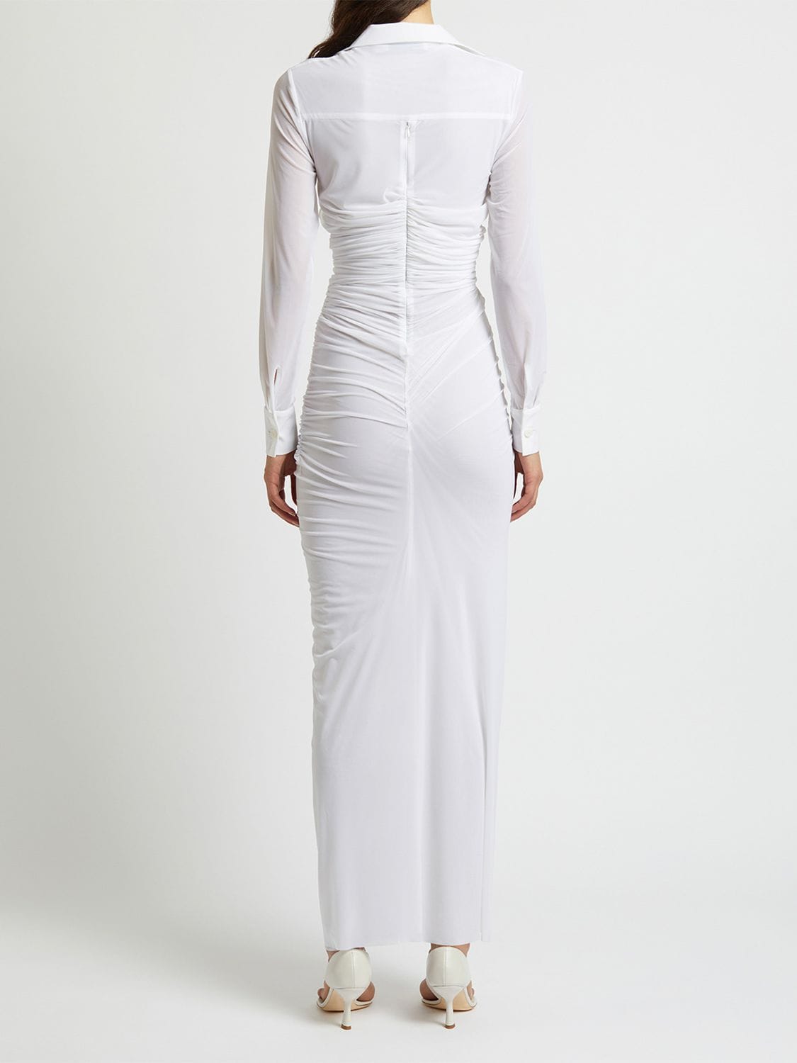 Shop Christopher Esber Venus Plunge Embellished L/s Maxi Dress In White