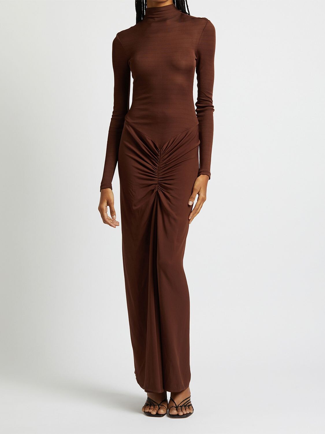 Shop Christopher Esber Fusion Gathered Jersey L/s Maxi Dress In Brown