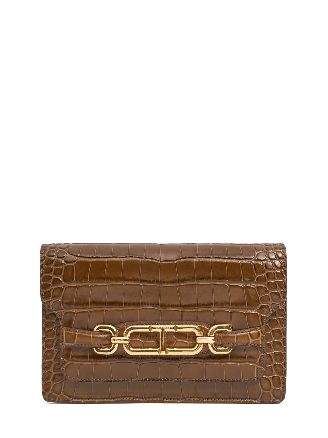 Tom Ford Small Shiny Croc Embossed Leather Bag In Khaki