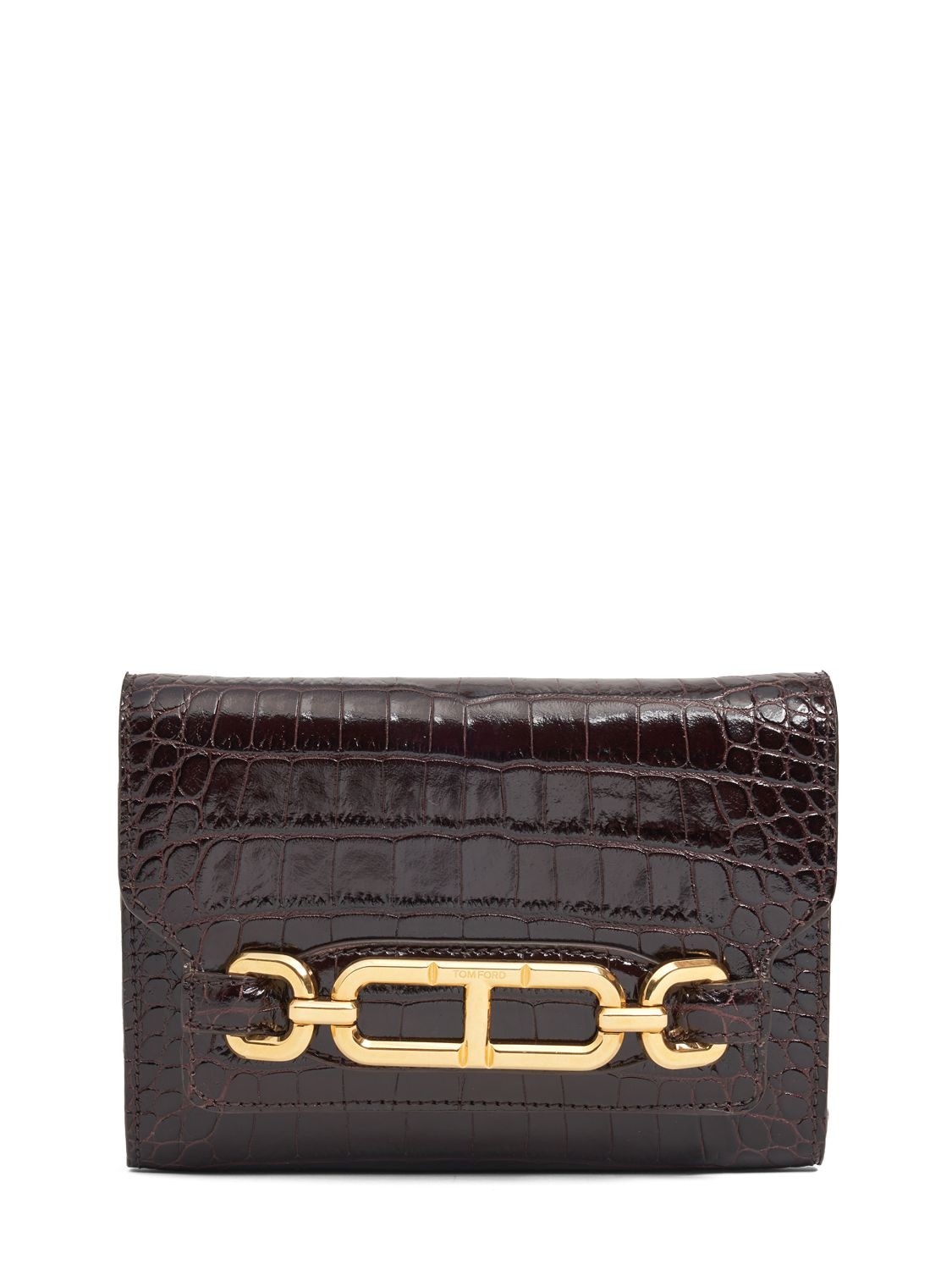 Tom Ford Mini Shiny Croc Embossed Leather Bag In Espresso