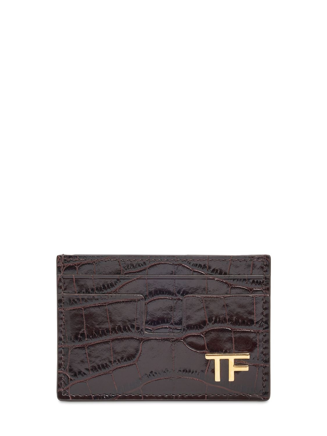 Tom Ford Shiny Croc Embossed Leather Card Holder In Espresso