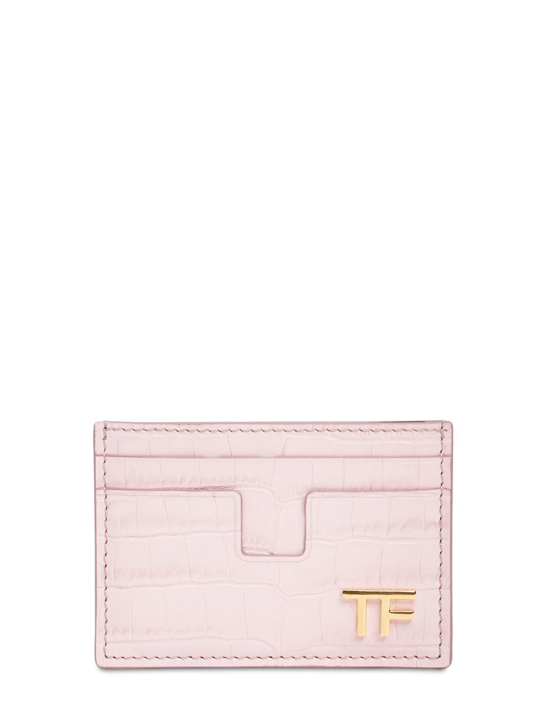 Tom Ford Shiny Croc Embossed Leather Card Holder In Pastel Pink