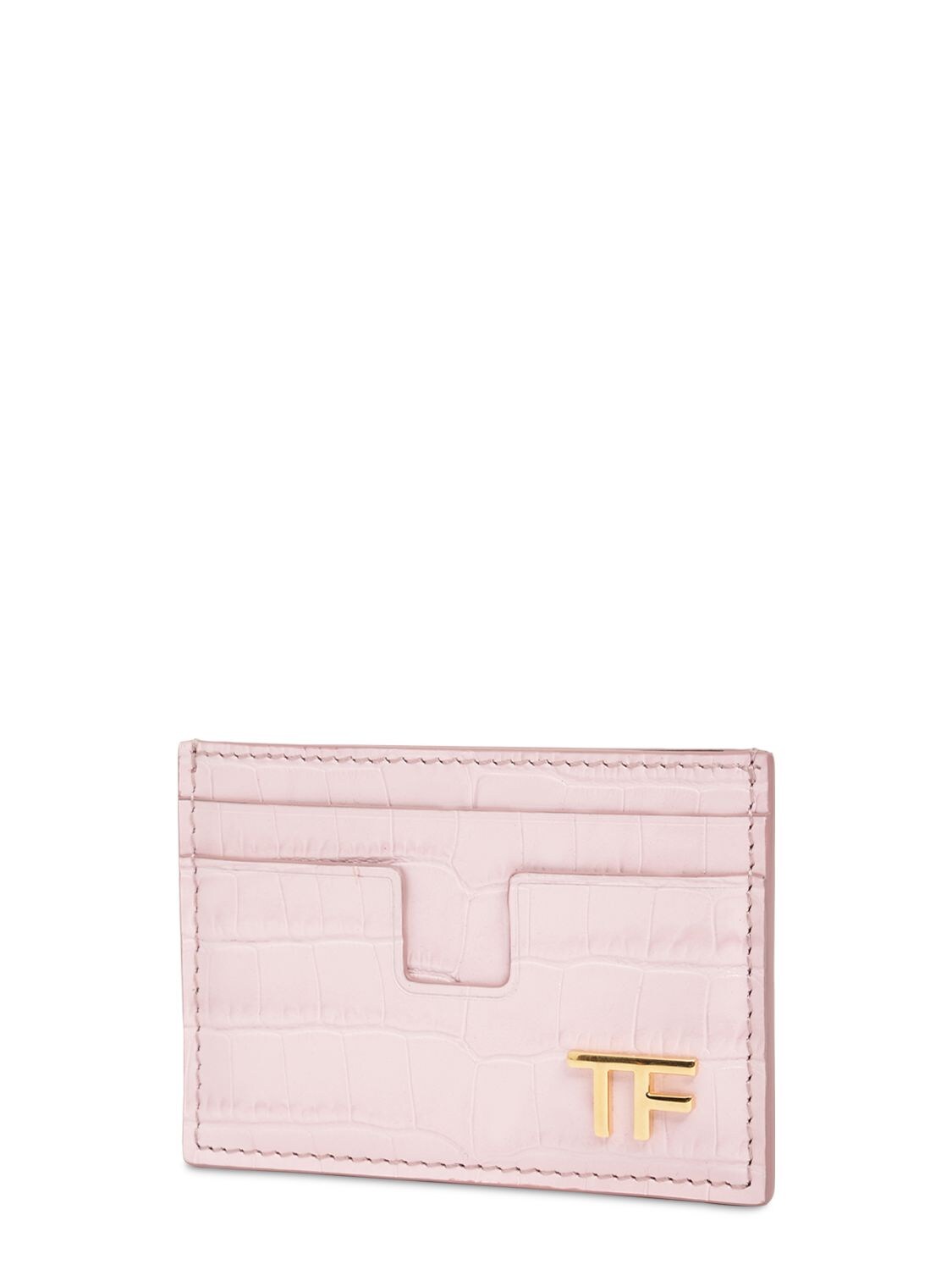 Shop Tom Ford Shiny Croc Embossed Leather Card Holder In Pastel Pink