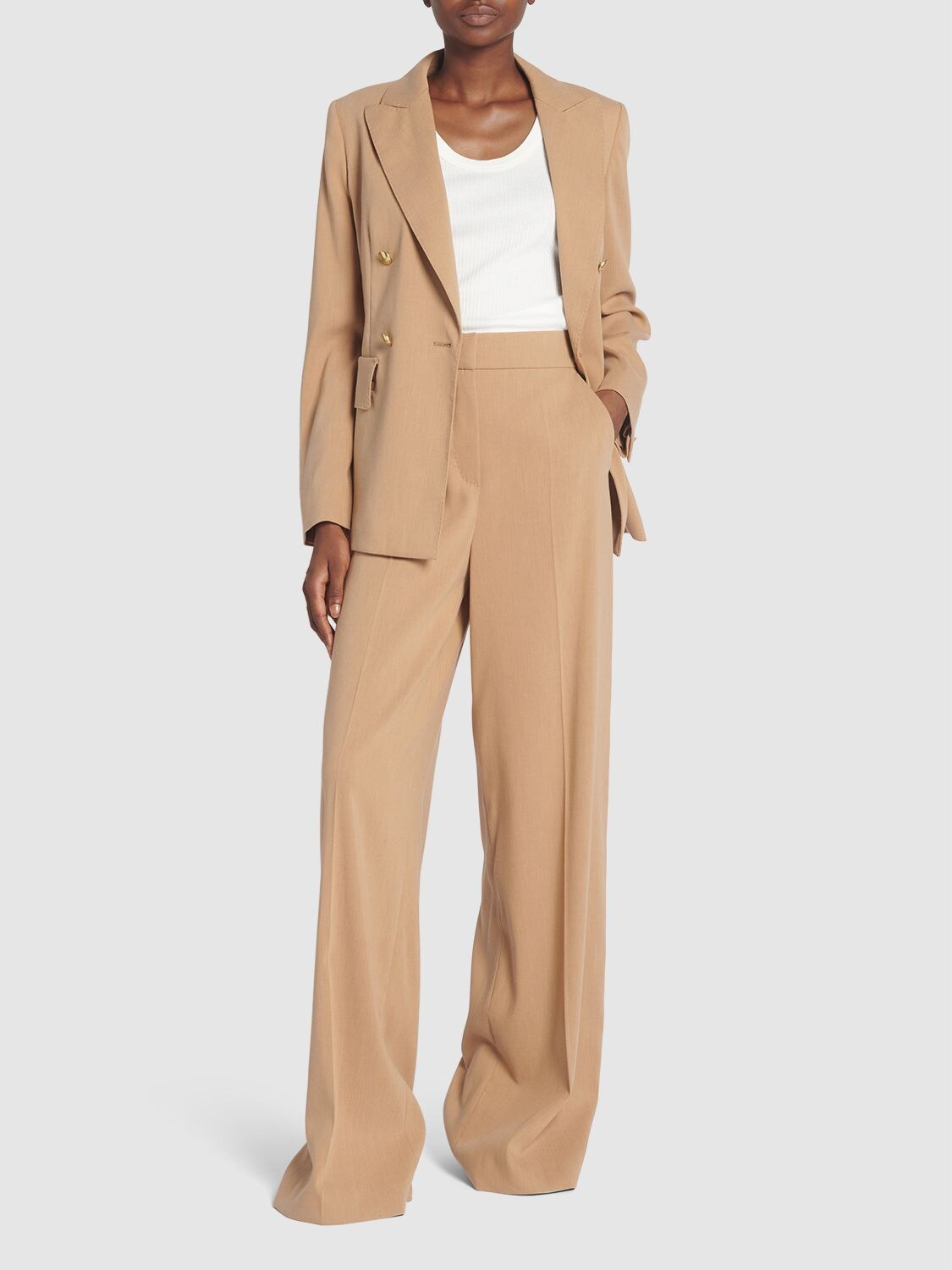 Shop Max Mara Double Cotton Crepe Wide Pants In Camel