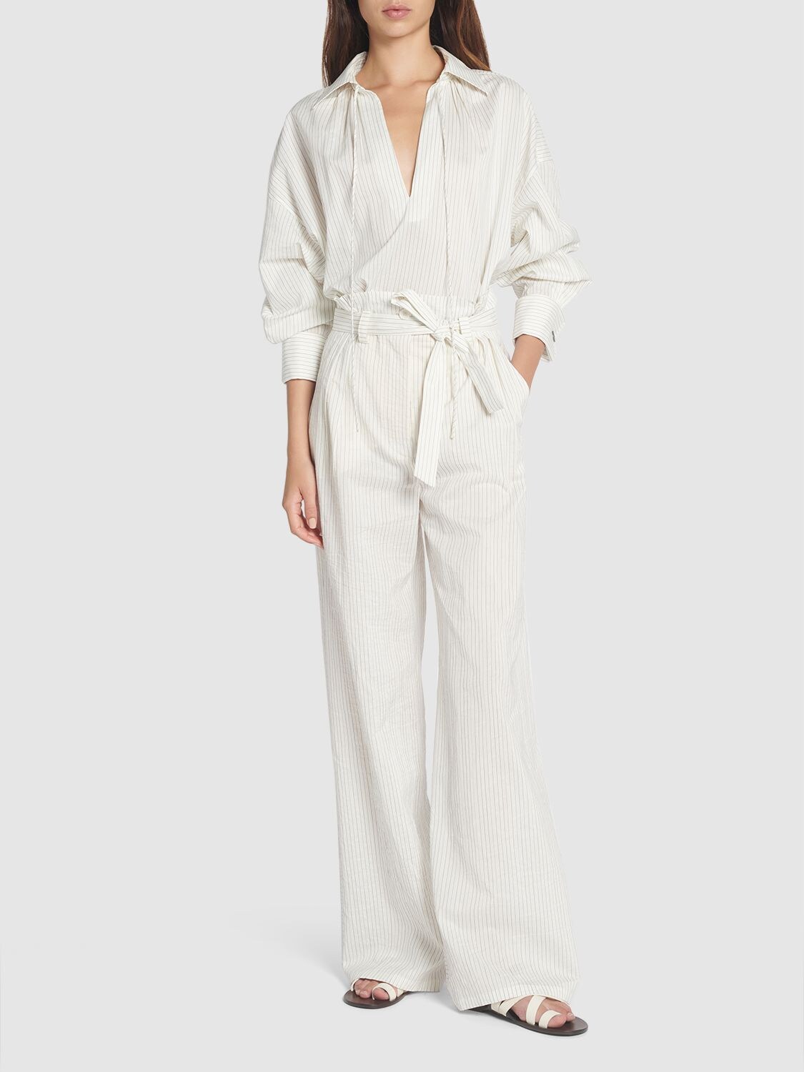 Shop Max Mara Cotton Canvas Belted Wide Pants In White,black