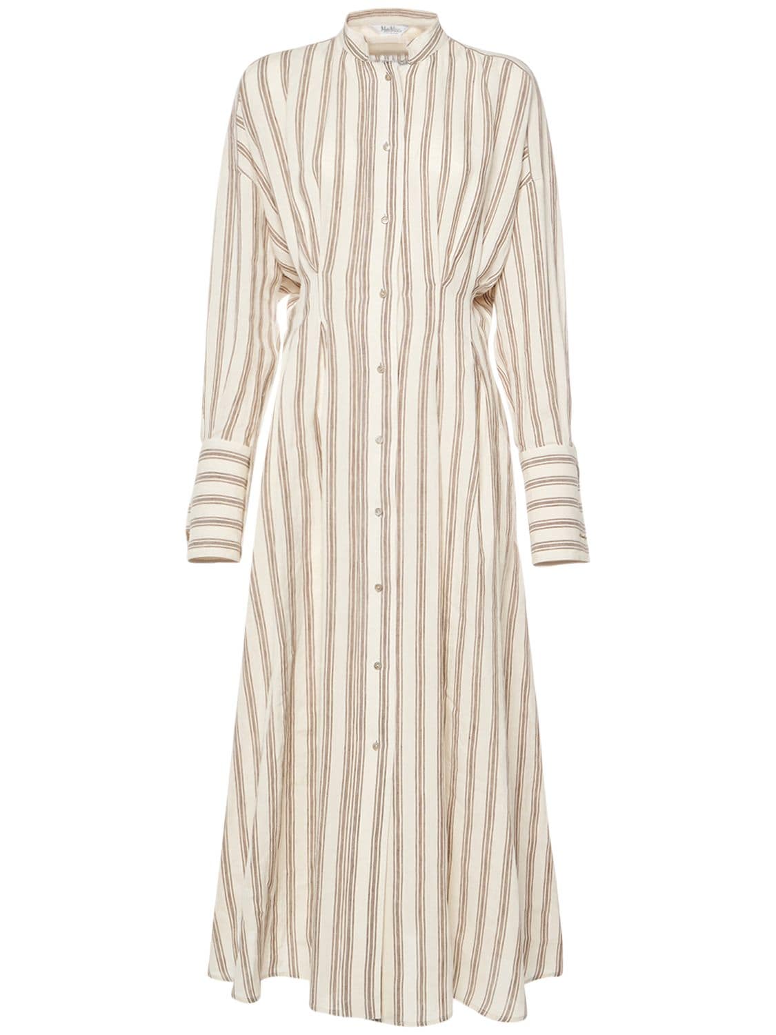 Shop Max Mara Striped Linen Canvas Long Shirt Dress In Beige,brown