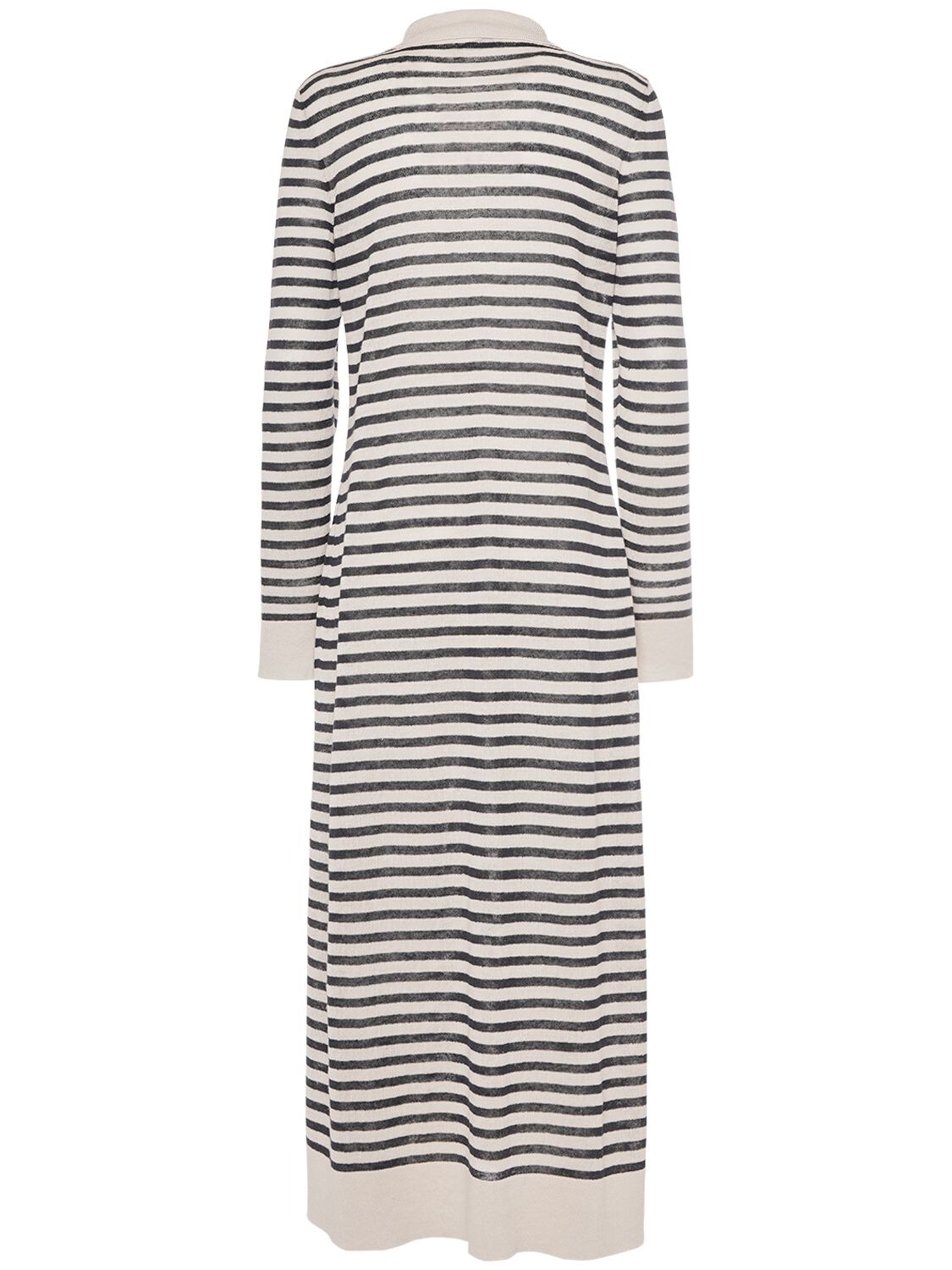 Shop 's Max Mara Nine Striped Linen Long Sleeve Dress In Black,ivory
