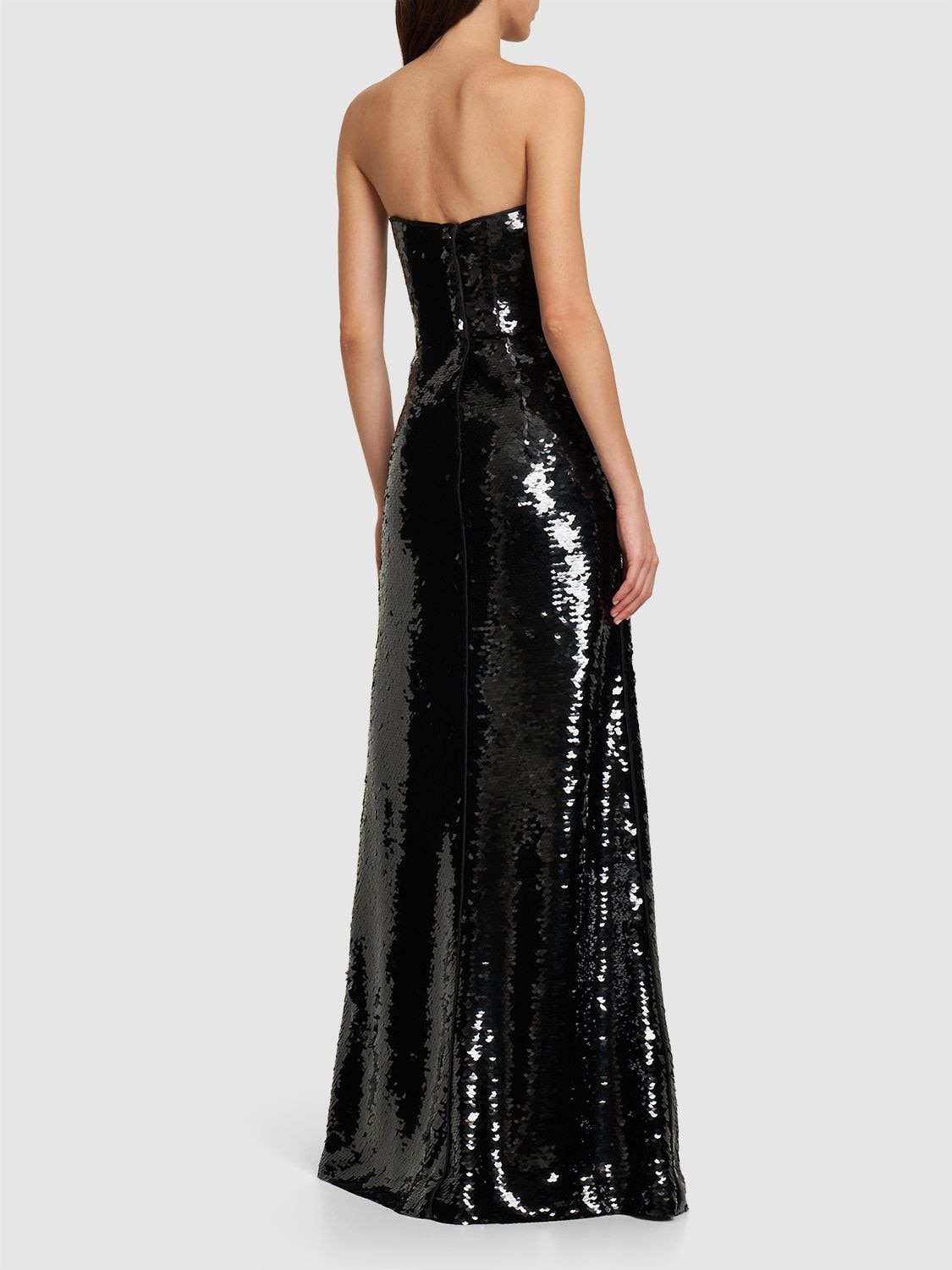 Shop Alberta Ferretti Sequined Satin Strapless Long Dress In Black